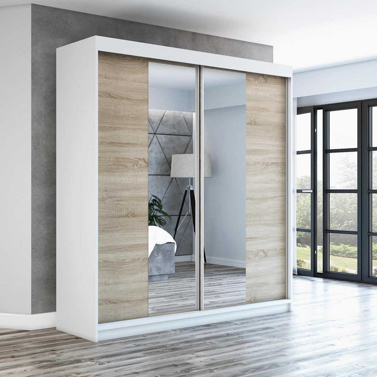 SCHWEBETÜRENSCHRANK 180 CM NEO Farbe: Weiß / sonoma / sonoma - Weiß/Braun, Holzwerkstoff (180/215/59.5cm) - A&J MöbelLand