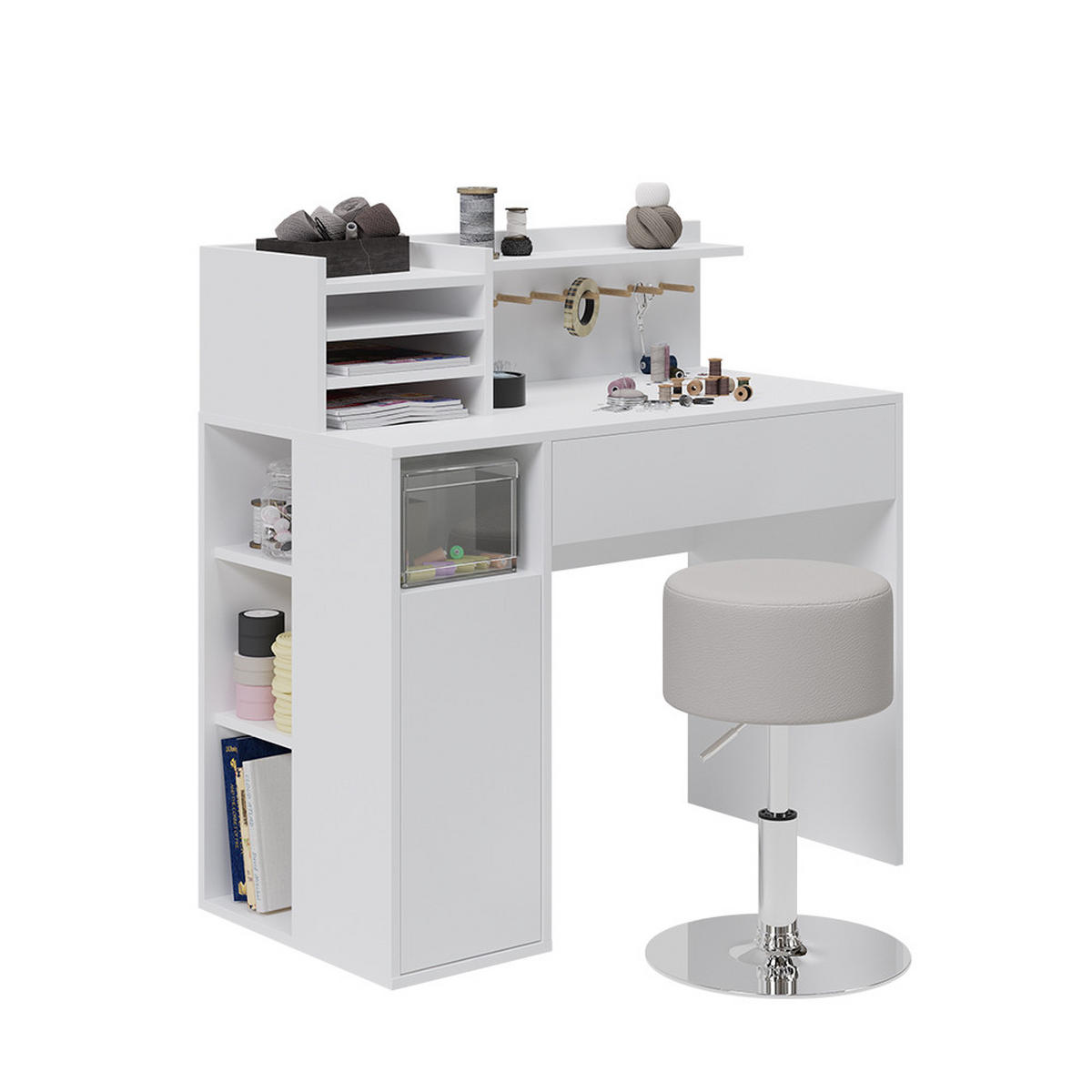 SCHREIBTISCH Weiß 2 Teile, mit Hocker - Weiß, Holzwerkstoff (50/100/100cm) - Vicco