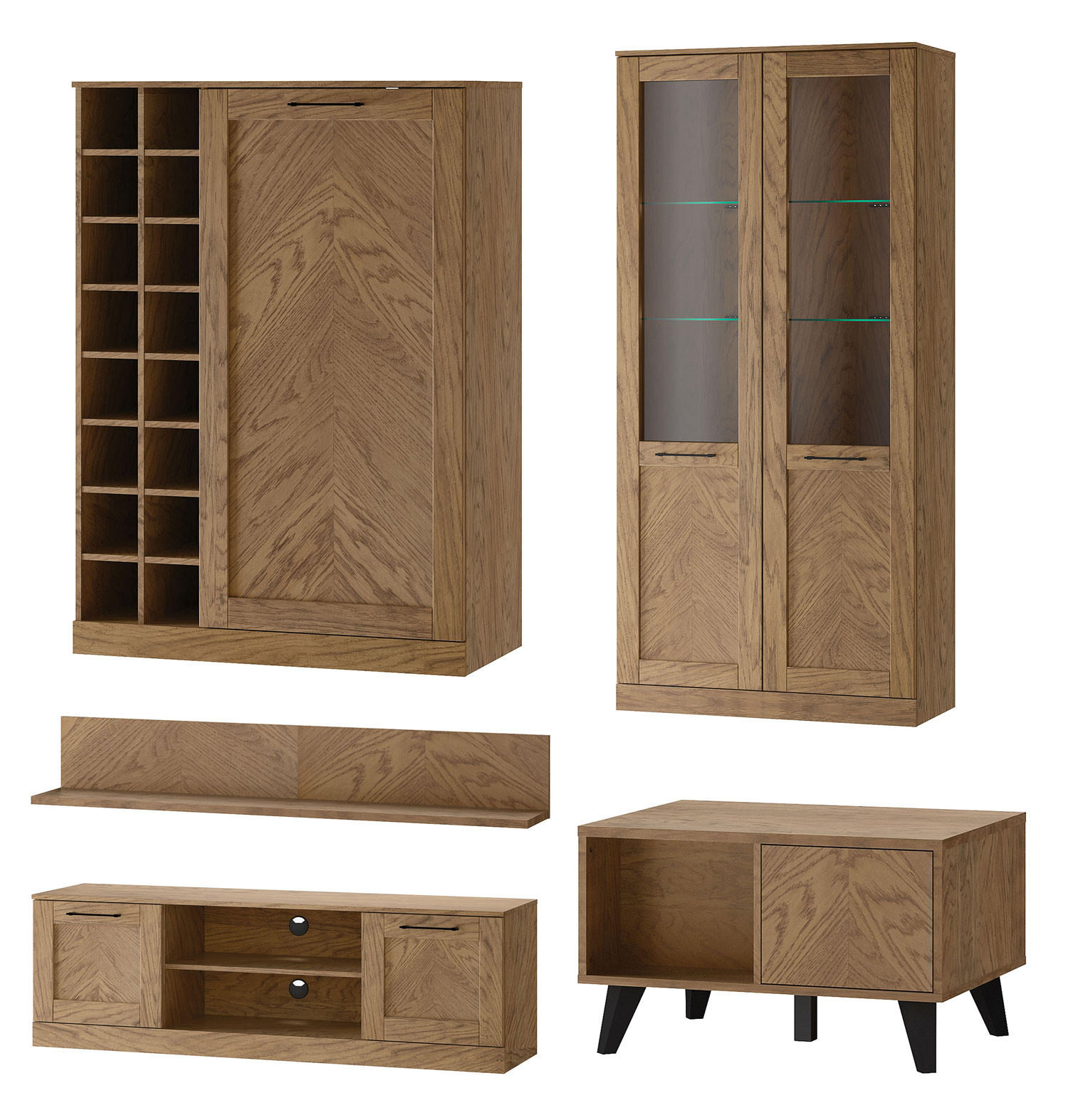 WOHNZIMMER-SET Cozy Eiche Rustikal 5-teilig - Eichefarben/Braun, Holz/Metall (355/200/60cm) - Feldmann-Wohnen