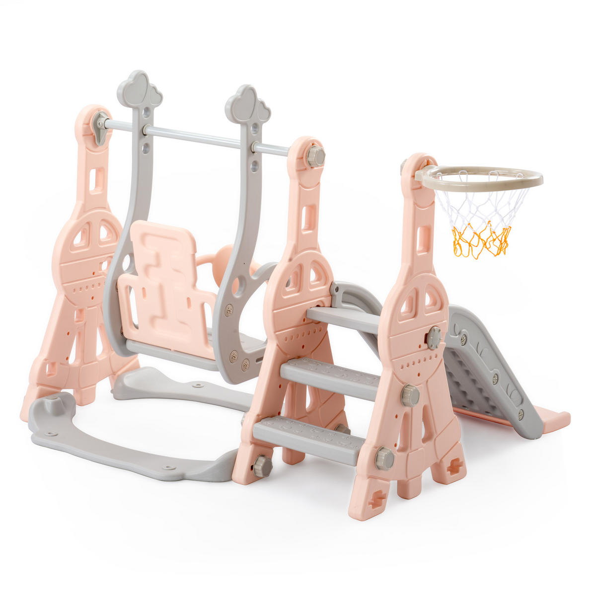 KINDERRUTSCHE 4 in 1 Schaukel Basketball Kletterleiter rosa grau - Rosa, Holz (70/102/70cm) - LEBENLANG