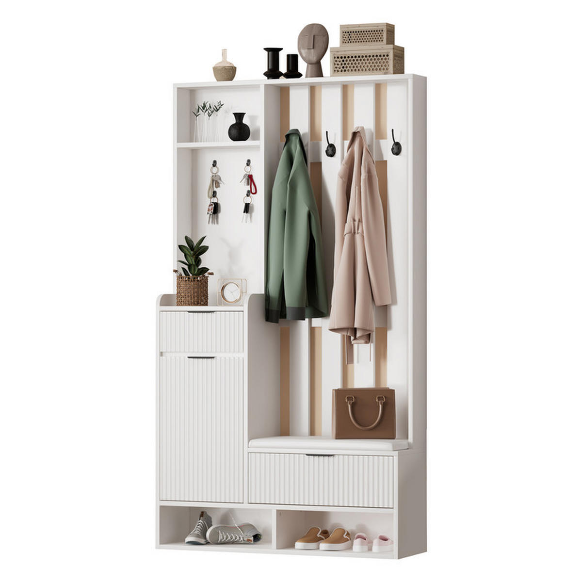 GARDEROBEN-SET mit Schuhbank und 8 Haken 100x30x180 cm - Weiß, Holzwerkstoff (30/180/100cm) - Fuleadture