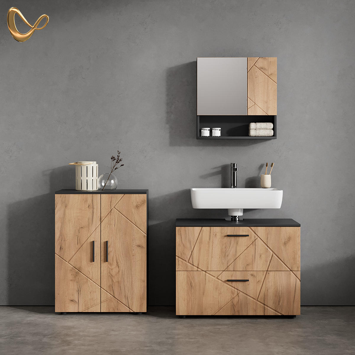 MIDISCHRANK Ronco Goldkraft Eiche/Anthrazit 60 x 81 cm - Anthrazit/Eiche Wotan, Holzwerkstoff (60/81/30cm) - Livinity®