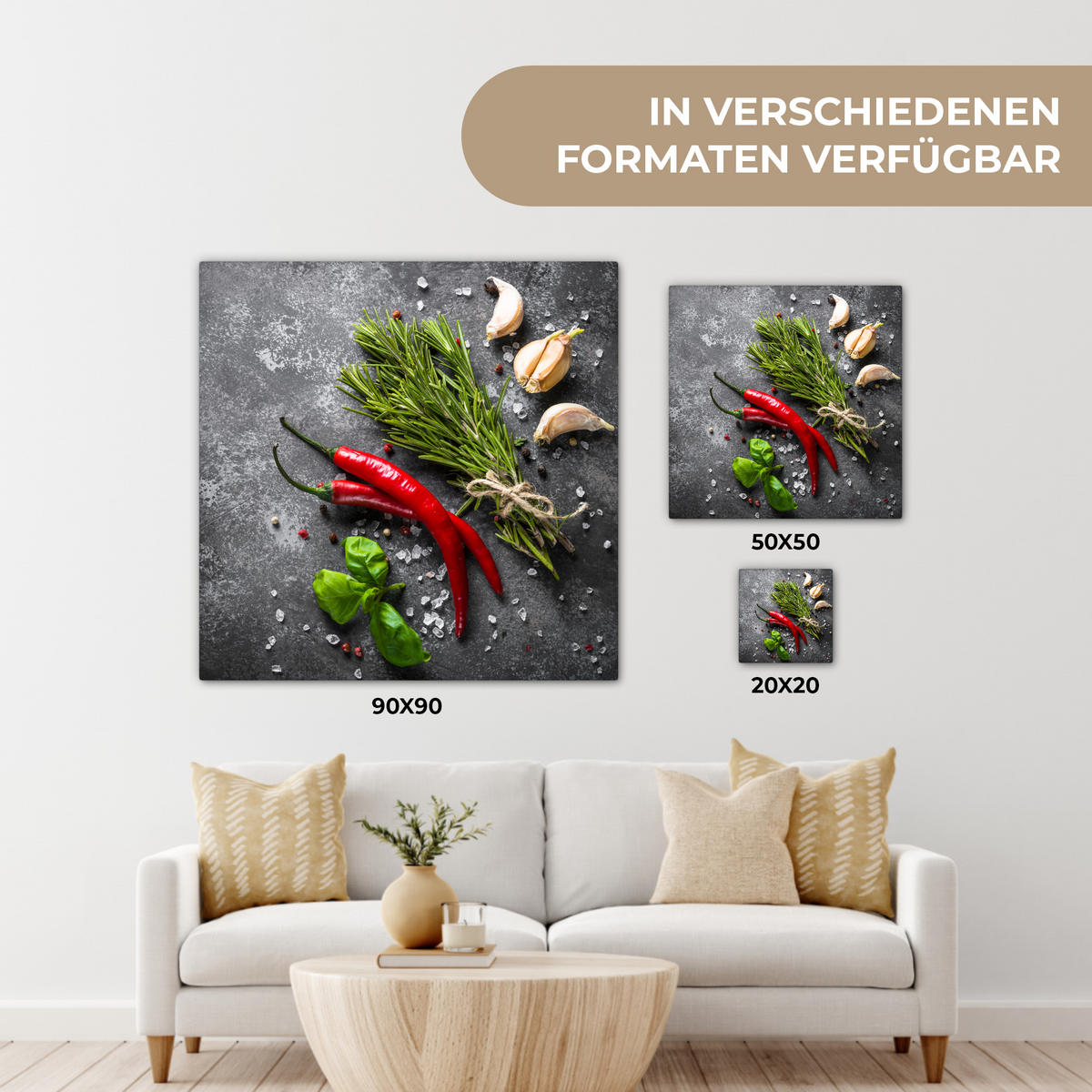 LEINWANDBILD Pfeffer - Kräuter - Gewürze - Beton 20x20 cm - Dunkelgrau, Textil (20/20cm) - MuchoWow