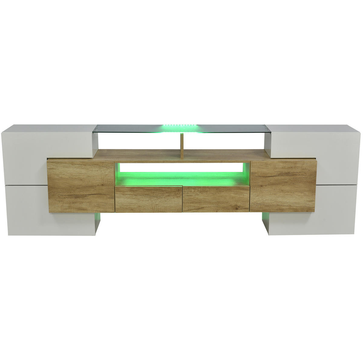 LOWBOARD 200/35/60 cm in Hochglanz Weiß und Holzfarbe mit LED-Beleuchtung - Weiß, Holzwerkstoff (200/60/35cm) - Flora Grace