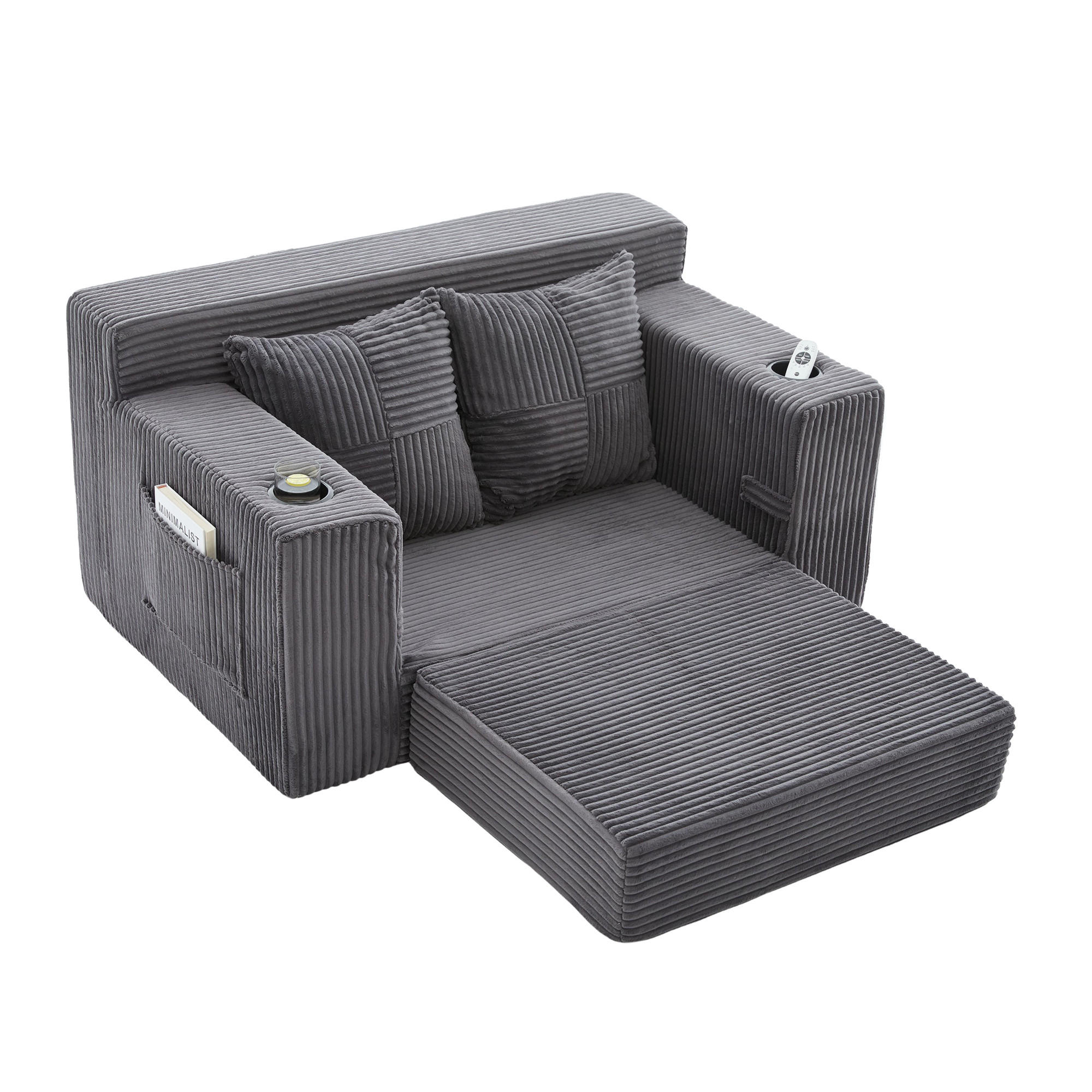 1,5-SITZER ausklappbar, Getränkehalter/Seitentasche, Cord, Grau - Grau, Textil (133/64/87cm) - LVHOM