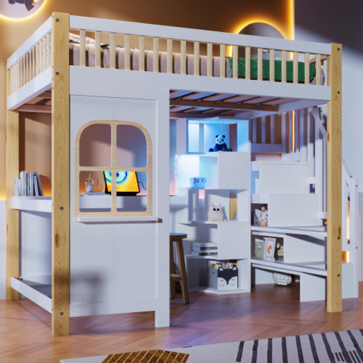 HOCHBETT 140 × 200 cm aus Kiefernholz mit Spielhaus-Unterbau, LED-Leiste und Stauraumleiter, weiß-natur - Weiß, Holz - Luhomfu