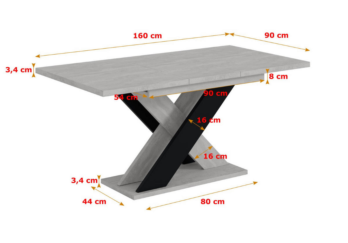 ESSTISCH ausziehbar 120 -160x90x75 cm - Betonoptik K350/Schwarz - AOX - Schwarz, Holzwerkstoff (120/90/75cm) - ALTDECOR