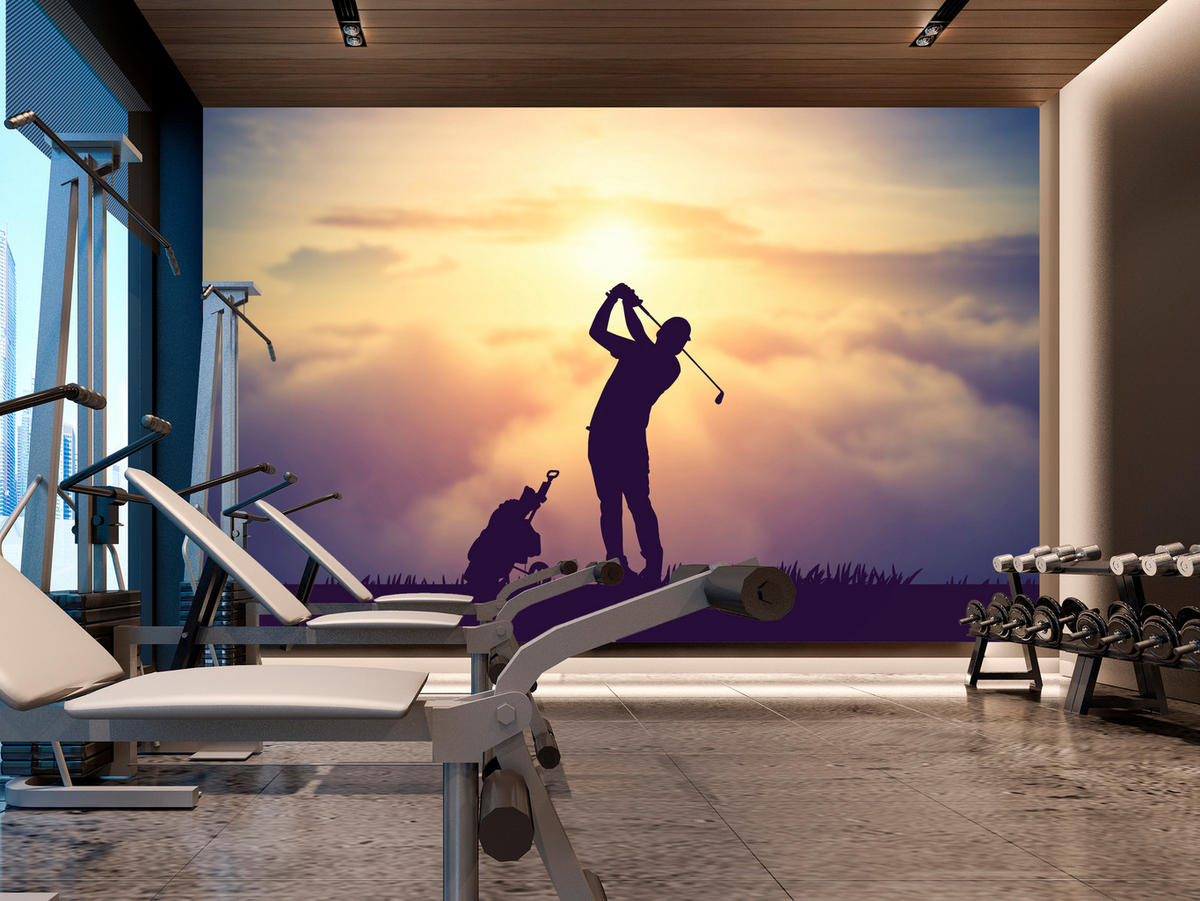 FOTOTAPETE für Jugendzimmer Golfer Sonnenuntergang Silhouette Sport 200x140 - Gelb/Violett, Papier (200/140cm) - Muralo