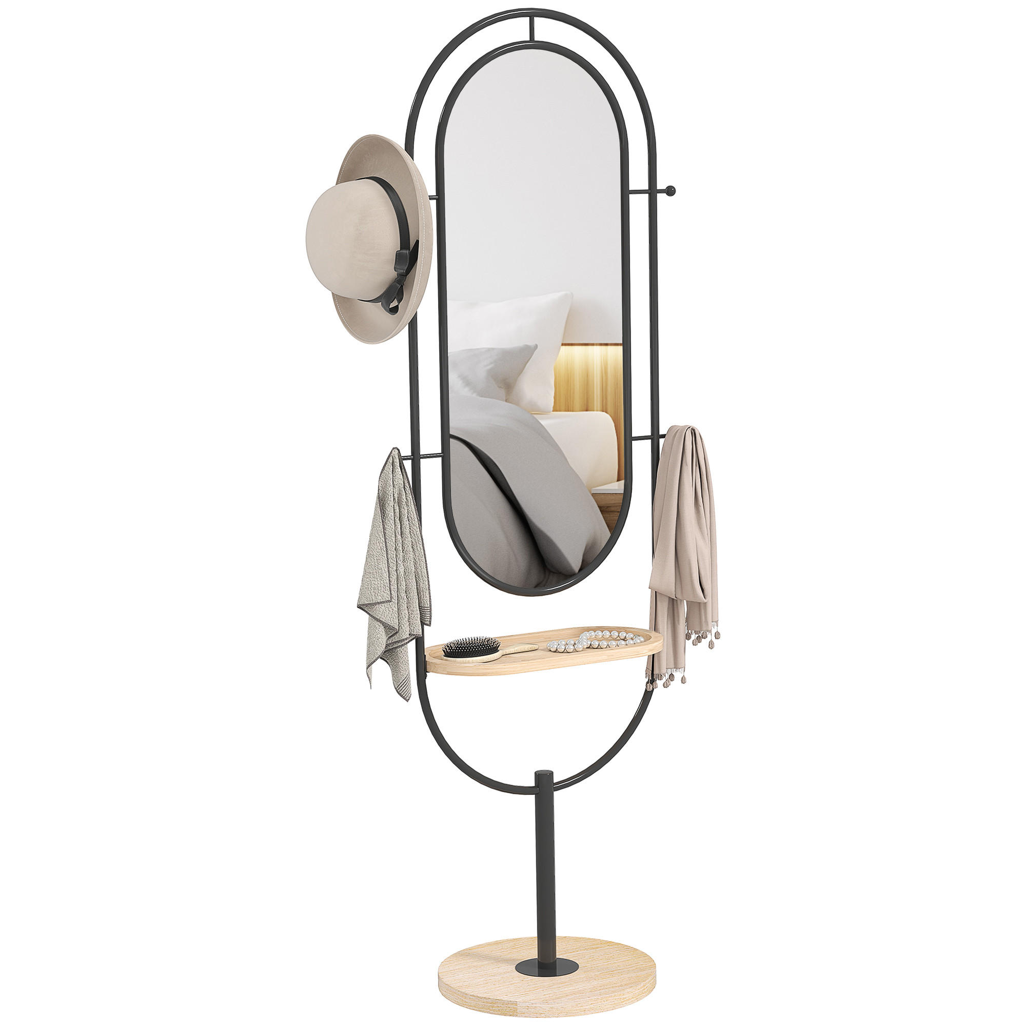 STANDSPIEGEL DE-17933 oval mit Holzablage & 4 Haken Schwarz - Schwarz, Glas (50/175.5/40cm) - ComfortXL