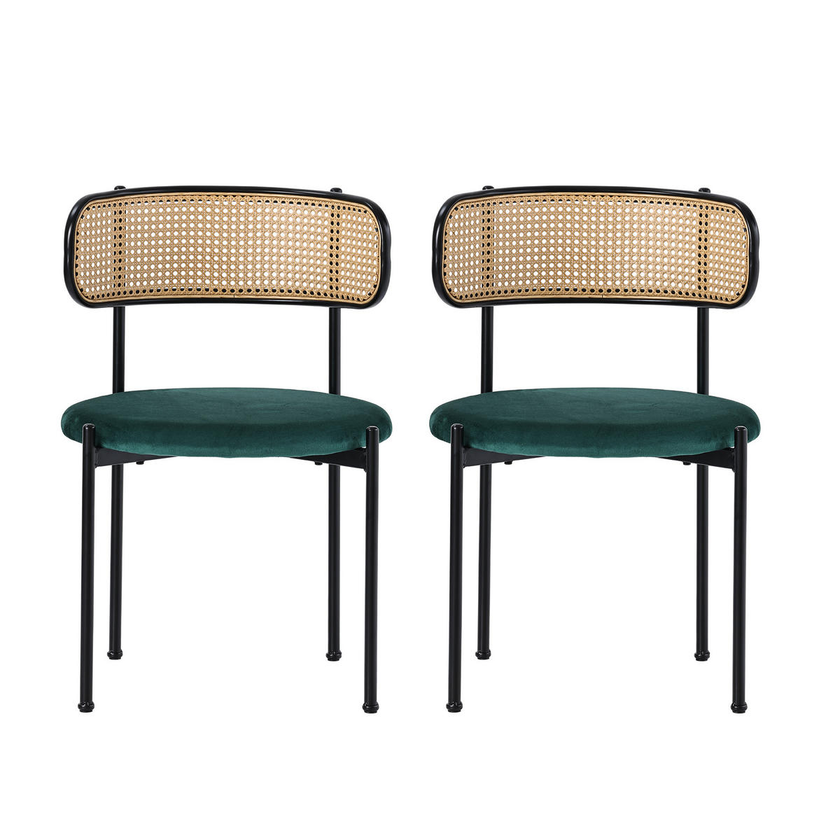 JÍDELNÍ ŽIDLE sada 2 ks, zelený samet a ratan, čalouněné s kovovými nohami - zelená barva, textil (51/75/51cm) - Urban Meuble