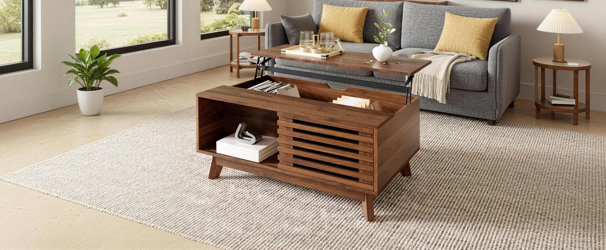 COUCHTISCH 90/55/57,5 cm in Walnuss-Optik mit höhenverstellbarer Tischplatte - Nussbaumfarben, Holzwerkstoff (90/55/57.5cm) - Flora Grace