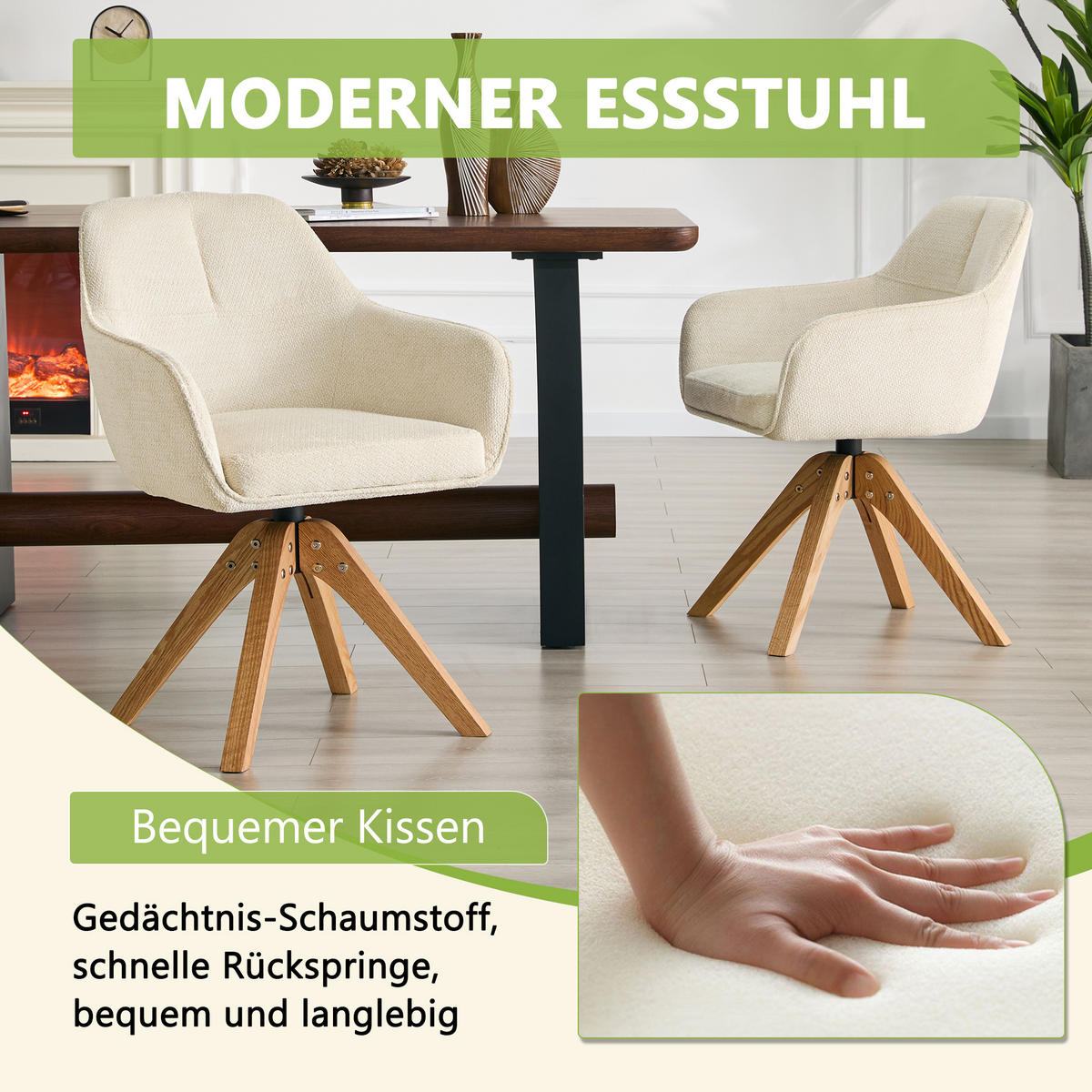 ARMLEHNSTUHL-SET DE-36640 2 Stück mit Stoffbezug und Massivholzbeinen Beige - Beige, Holz (46/82/58cm) - ComfortXL