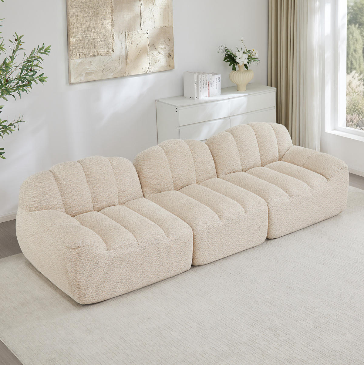 MODULARES 3-Sitzer-Sofa aus Granuliertem Fleece mit Ottomanenfunktion Beige-Weiß - Beige, Textil (104/79/288cm) - Modenvie