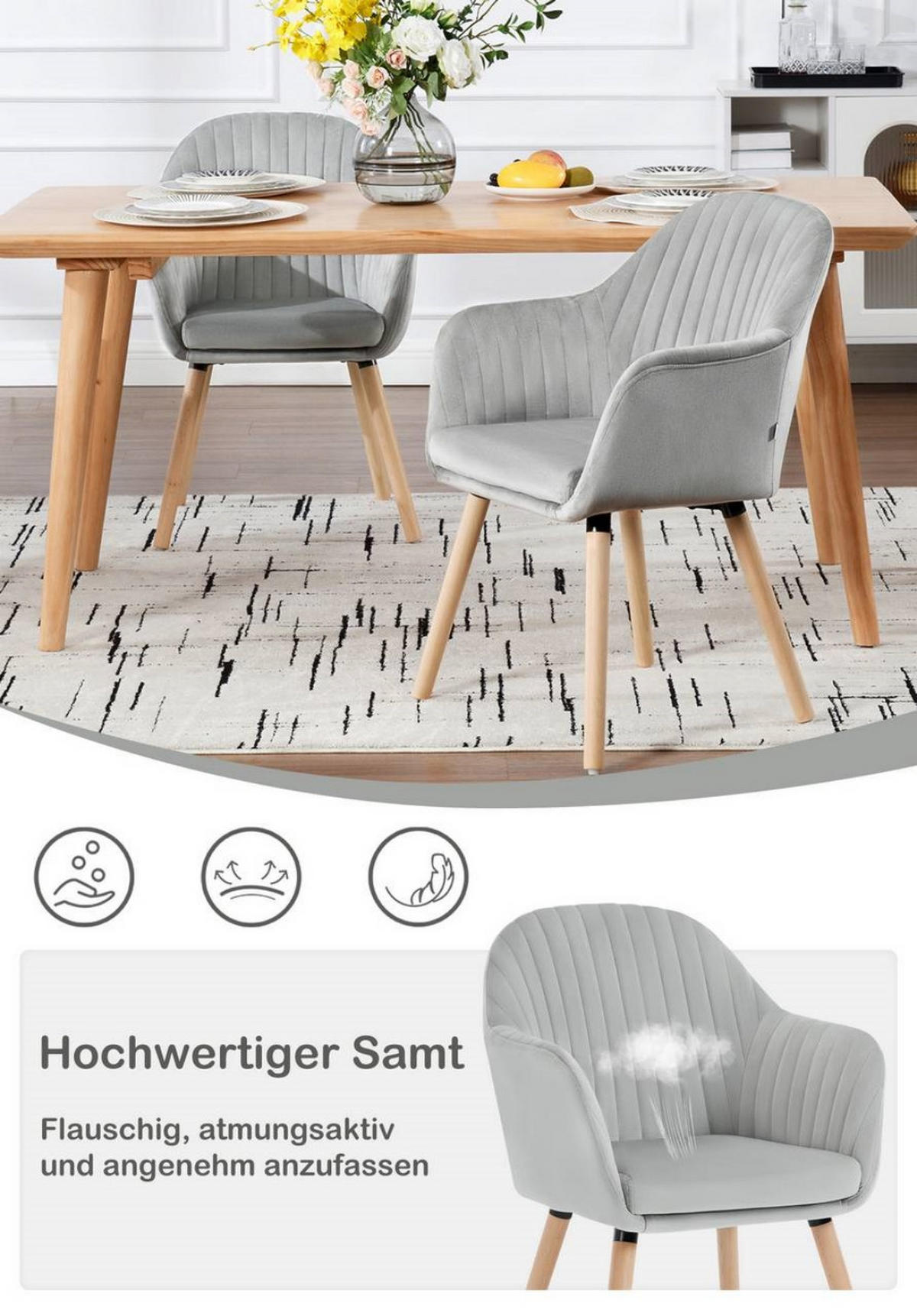 ESSZIMMERSTUHL 2er-Set, Samt, Massivholz, Hellgrau - Hellgrau/Naturfarben, Holz/Textil (42/81/50cm) - Woltu