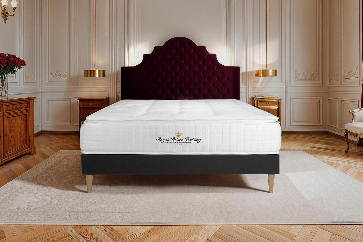 BETT George V Taschenfederkern und Memory-Schaum 90 x 200 cm h1 - Kit Bettgestell Schwarz - Beige/Schwarz, Karton/Holz (90/200cm) - ROYAL PALACE BEDDING