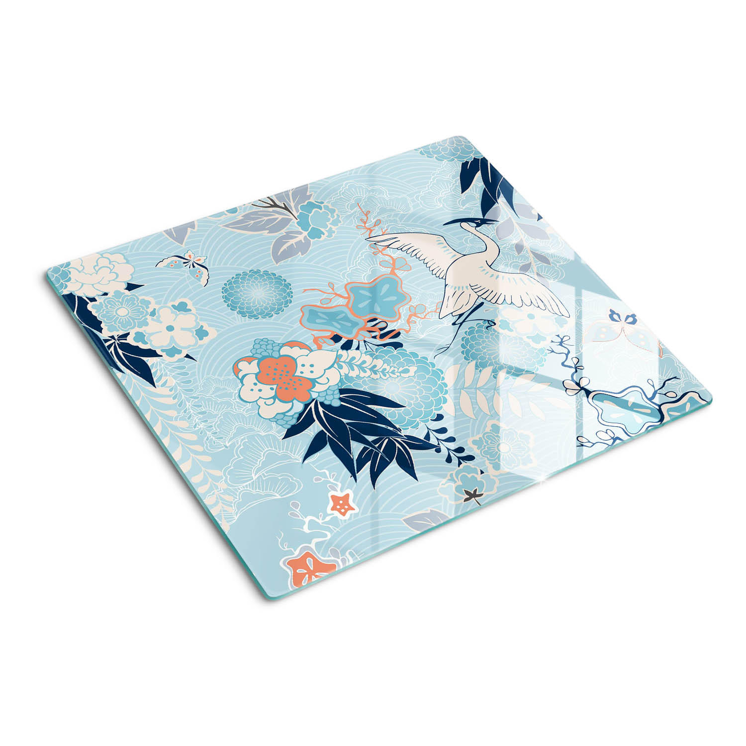 GLASPLATTE 60x52 cm Kranich und Blumen - Blau, Glas (60/0.4/52cm) - TULUP