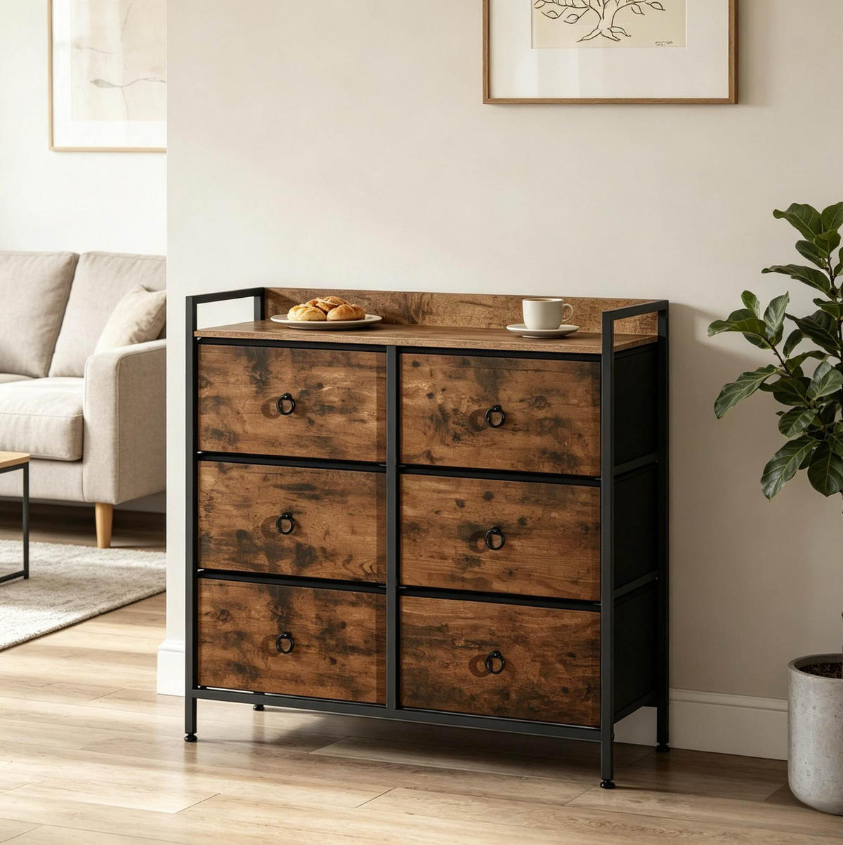 KOMMODE mit 6 Stoffschubladen in Rustikal Braun und Schwarz 80x29x78 cm - Schwarz, Holz (29/78/80cm) - IVMEU