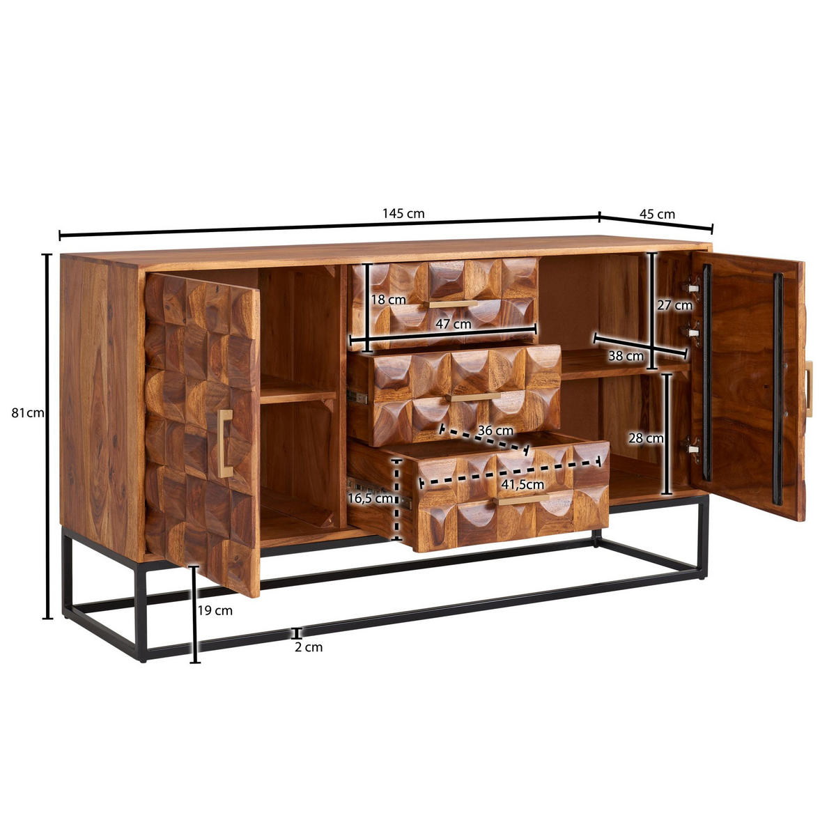 SIDEBOARD – Massivholz, 145x81x45 cm, Industrial-Stil, Metallgestell - Schwarz/Braun, Holz/Metall (145/81/45cm) - KADIMA DESIGN