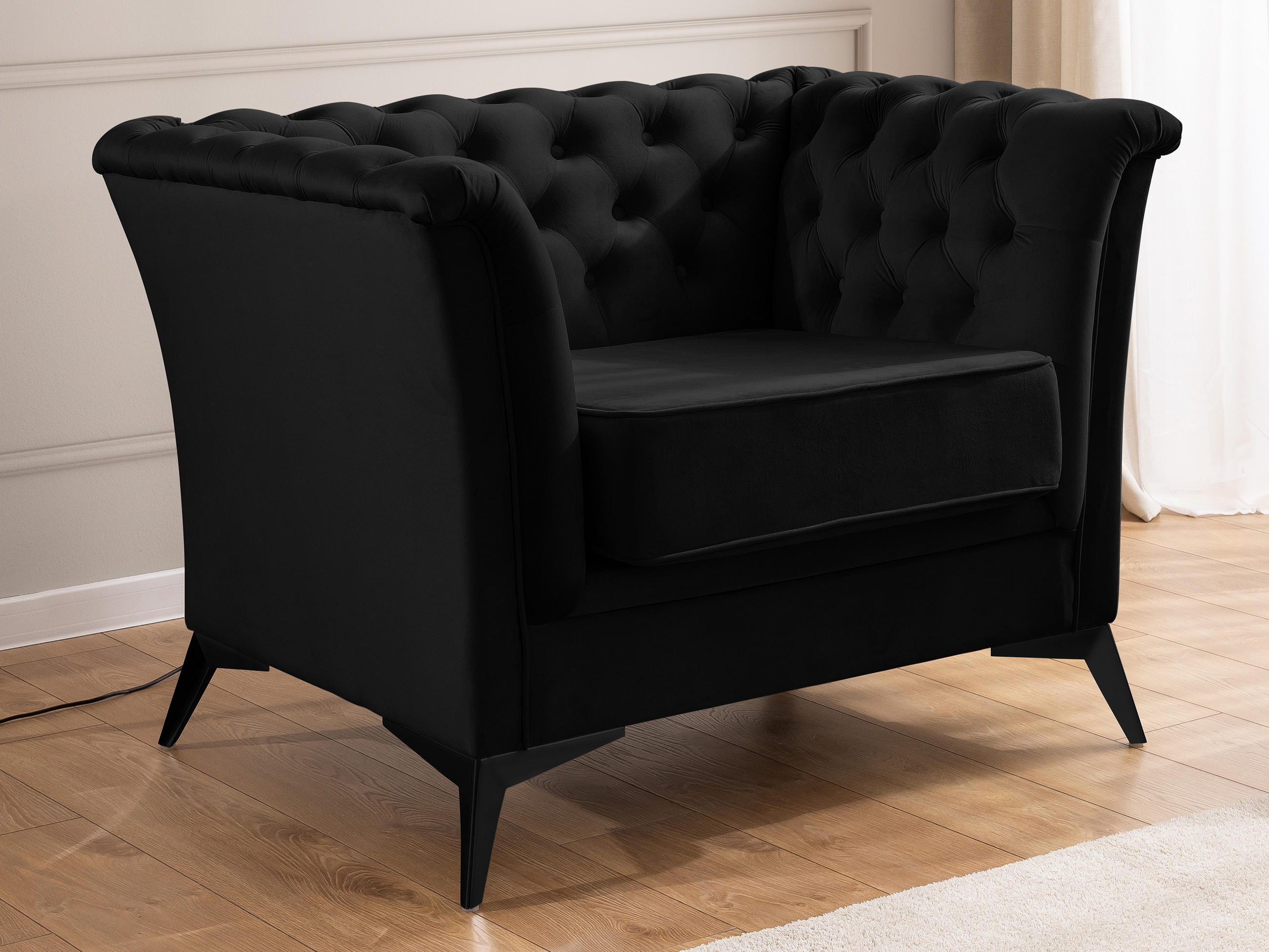CHESTERFIELD-SESSEL Whitby Schwarz Samt mit schwarzen Füßen - Schwarz, Holz/Textil (116/78/82cm) - S-Style Möbel