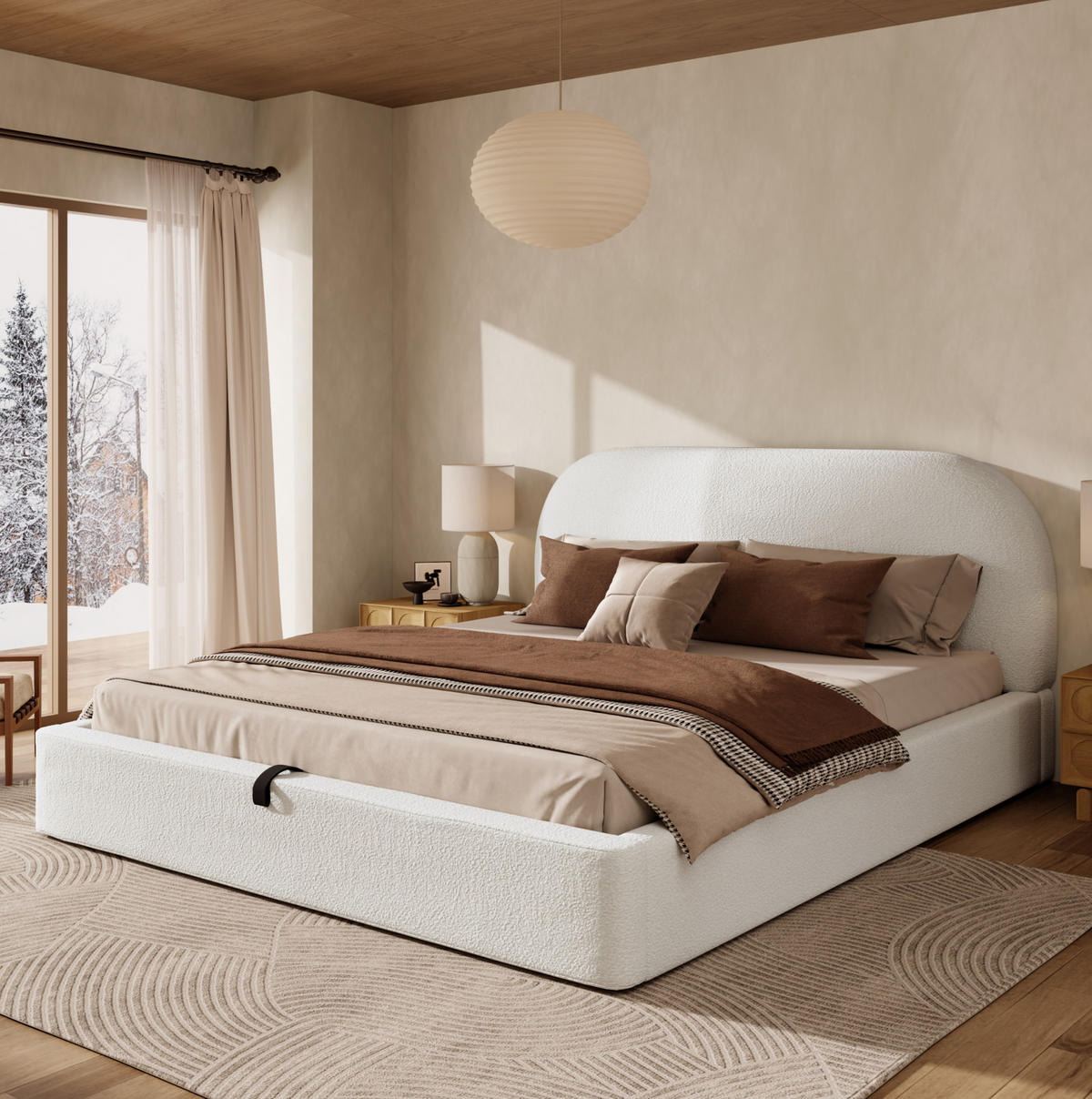 BETT mit Stauraum und Lattenrost 180 x 200 cm Bouclé Beige - Beige, Metall (180/200cm) - Meubliv