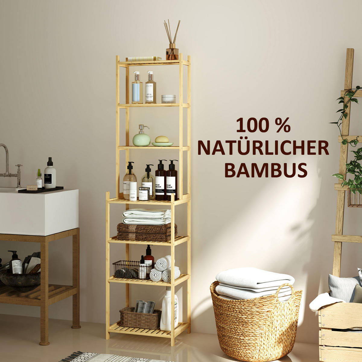 BADREGAL mit 7 Ebenen, Natur, 44 x 33 x 180 cm - Naturfarben, Naturmaterialen (44/180/33cm) - HOMCOM