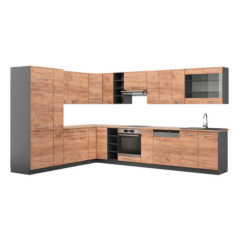 ECKKÜCHE Fame-Line Goldkraft Eiche/Anthrazit 347 x 257 cm, AP Eiche - Honigeiche/Anthrazit, Holzwerkstoff (347/81.6/60cm) - Vicco