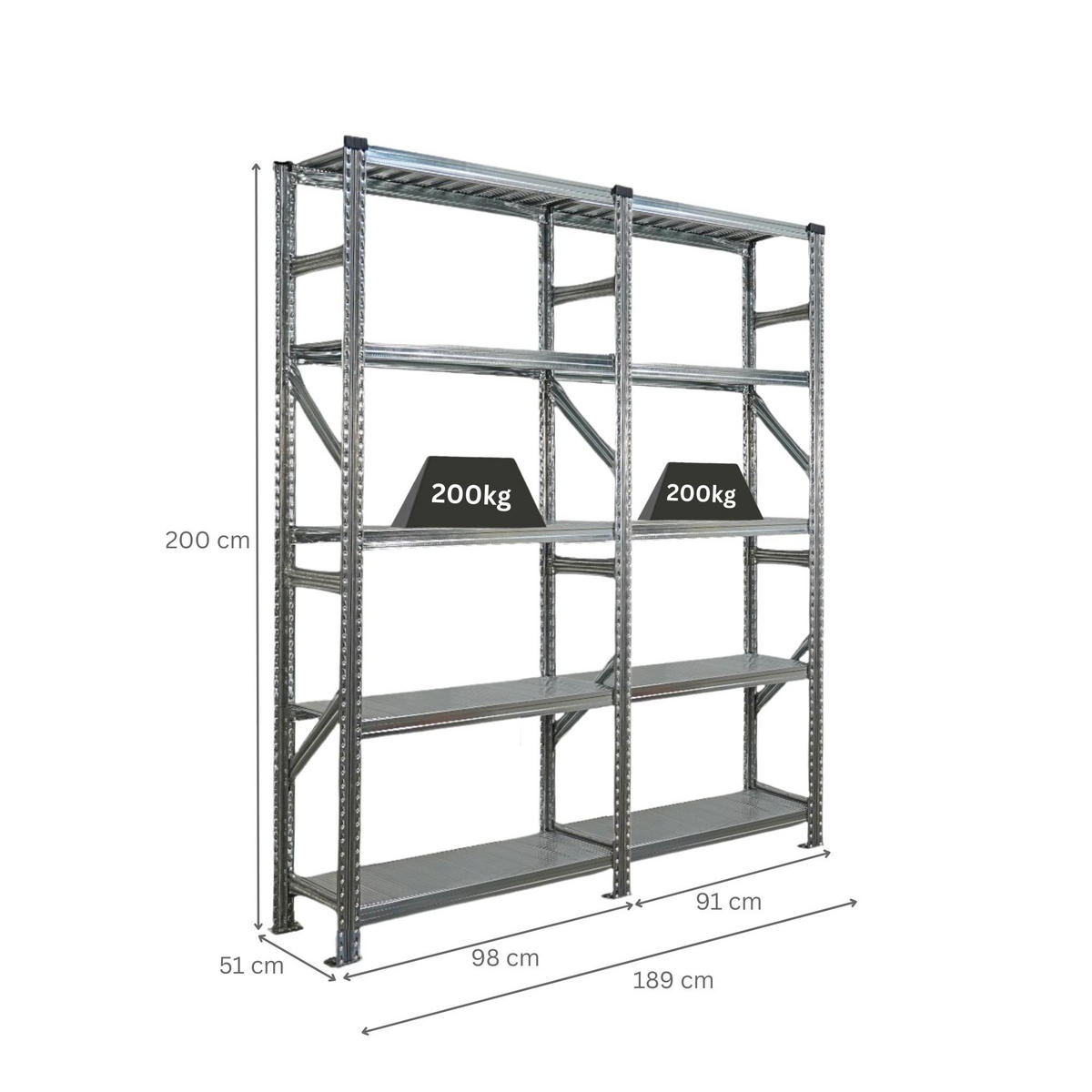 FACHBODENREGAL Proximo Stecksystem 200x180x50cm 5 Ebenen Fachlast 200 kg Beidseitig nutzbar Verzinkt - Silberfarben, Metall (180/200/50cm) - PROREGAL