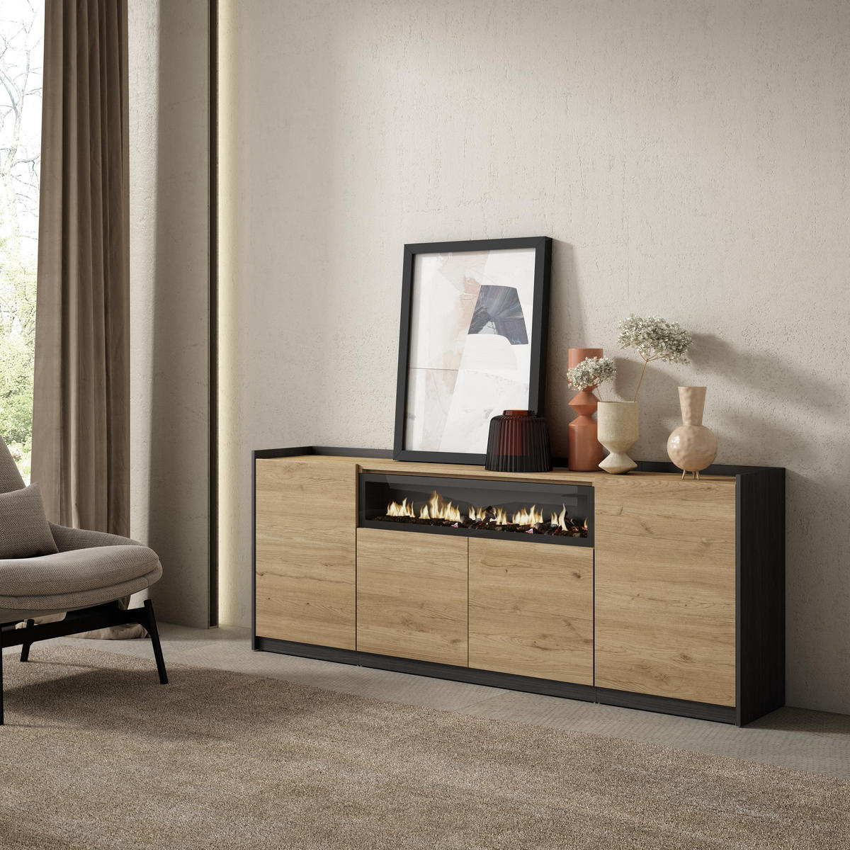 SIDEBOARD, Highboard, Eiche Schwarz, Elektrokamin, 207/37/80cm - Eichefarben, Holzwerkstoff (207/80/37cm) - Skraut Home