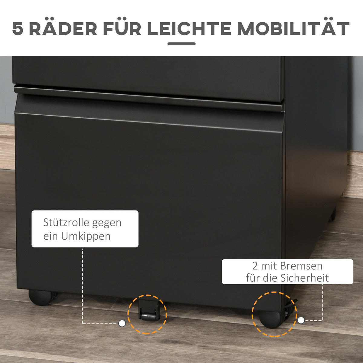 AKTENSCHRANK mit Rädern, konkavem Griff, für Home-Office, Stahl, Schwarz - Schwarz, Metall (48/60/39cm) - Vinsetto