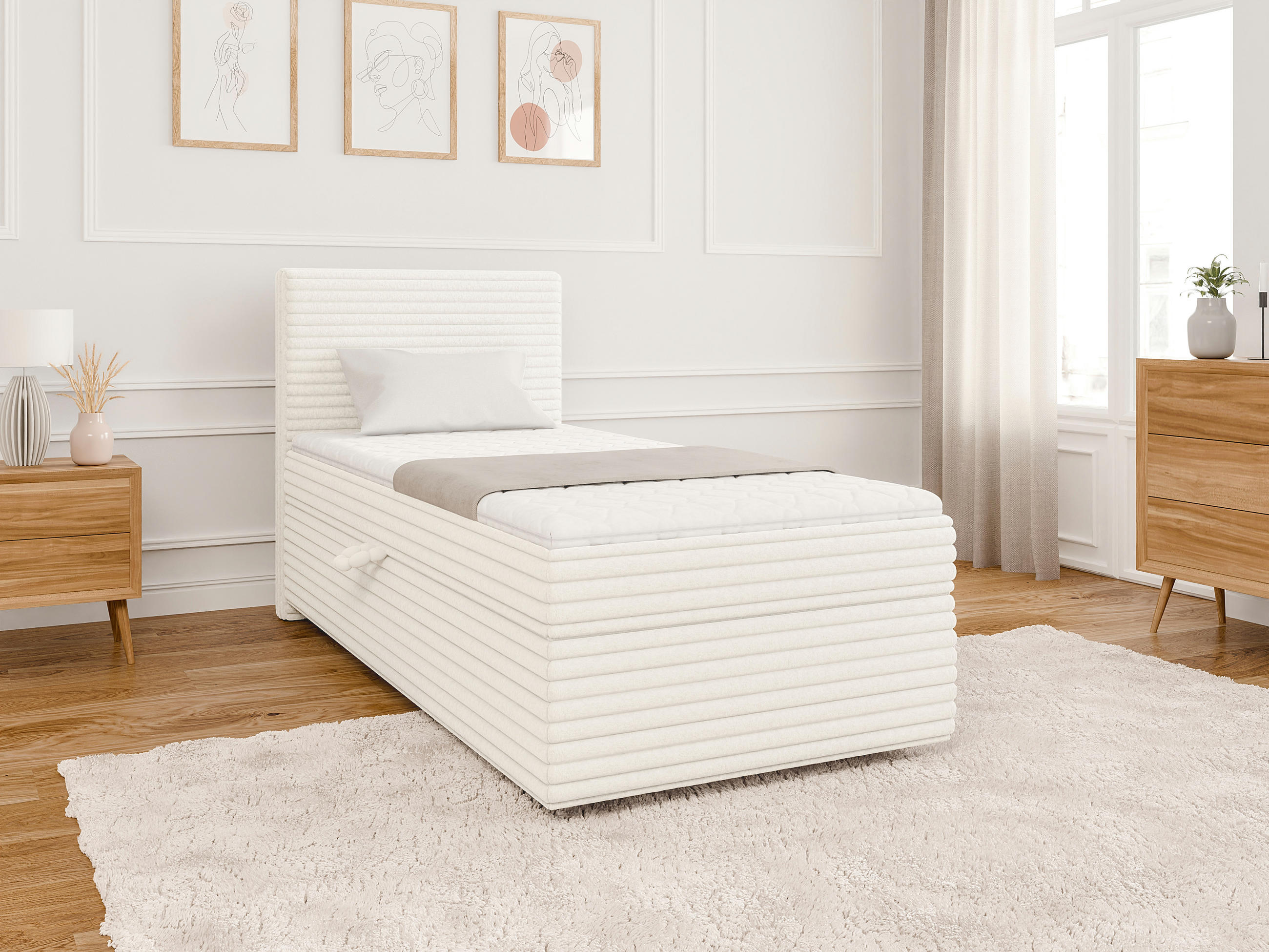 BOXBETT Roma 90/200 cm Hellbeige Plüschcord - Beige/Schwarz, Holz/Kunststoff (90/200cm) - S-Style Möbel