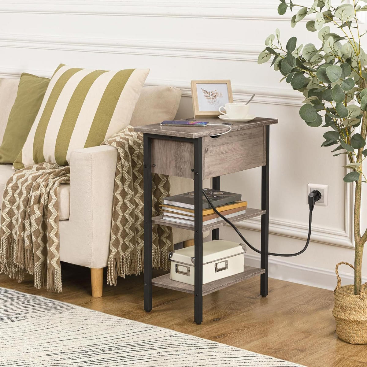 BEISTELLTISCH BRAUN Sofatisch mit Ladestation - Greige/Schwarz, Holzwerkstoff (48/26/64cm) - Hoobro