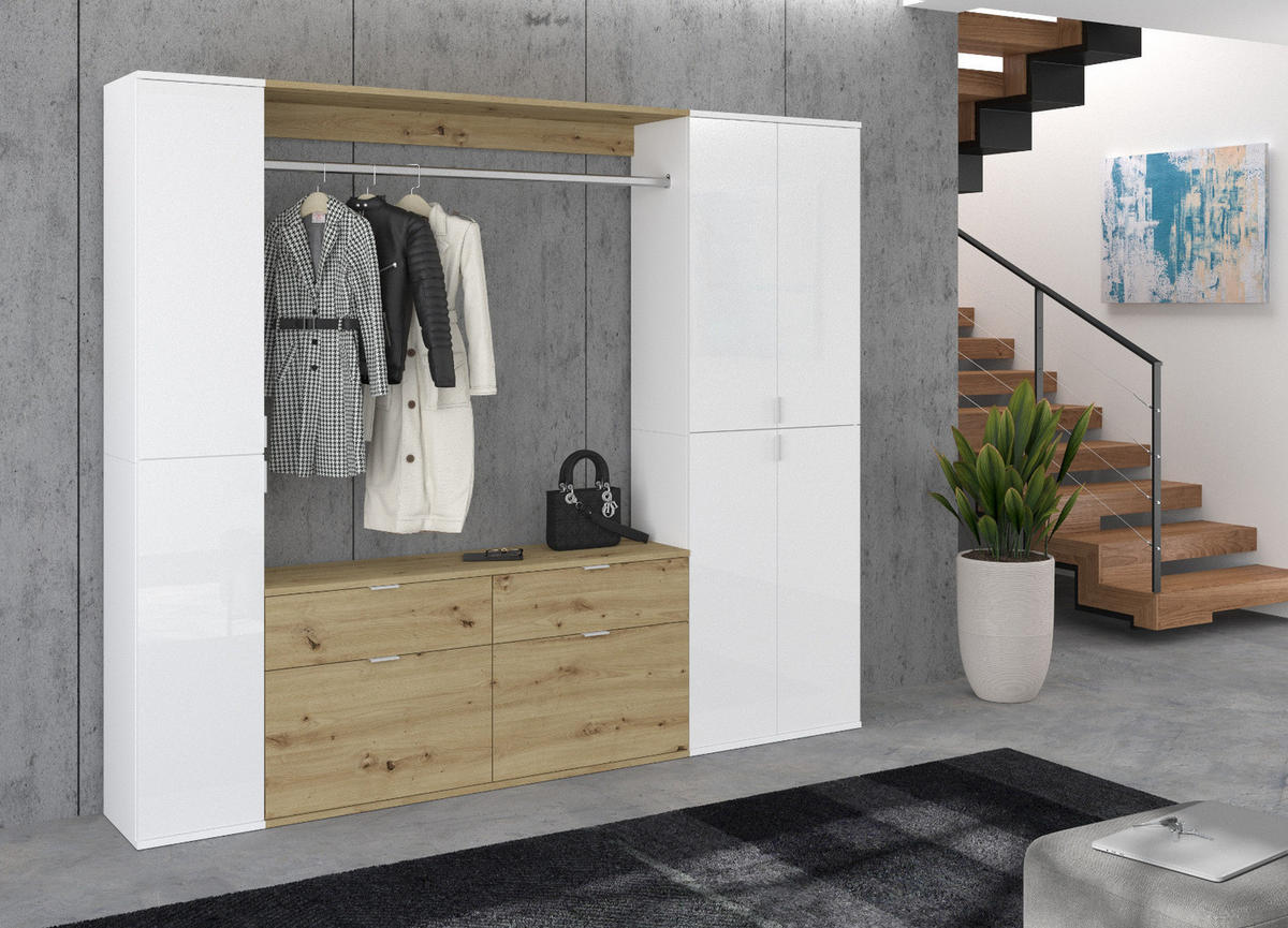 GARDEROBEN-SET weiß Hochglanz, Eiche 212 cm, Komplettset mit viel Stauraum - Chromfarben/Weiß Hochglanz, Holzwerkstoff/Kunststoff (212/193/34cm) - Inn.Furn