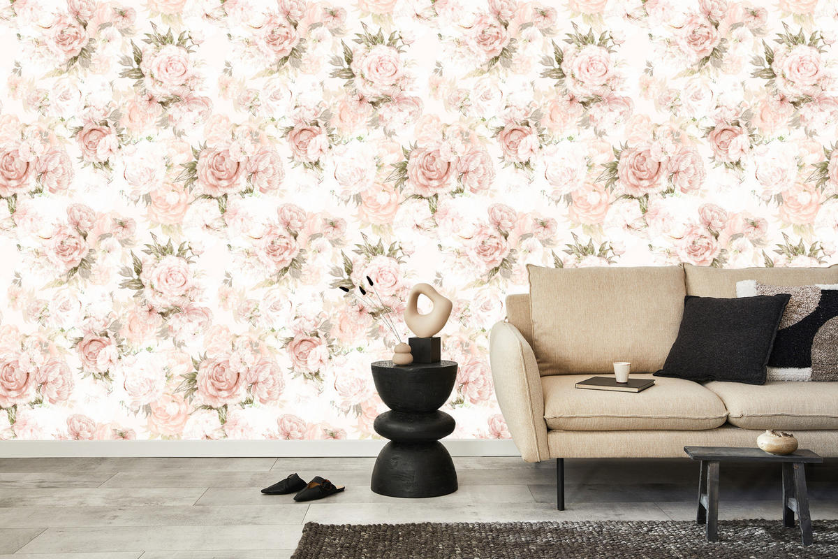 VLIESTAPETE Pastell-Pfingstrosen – Rosa, Beige, Weiß – 50x1000 cm - Beige/Rosa, Papier (50/1000cm) - Muralo