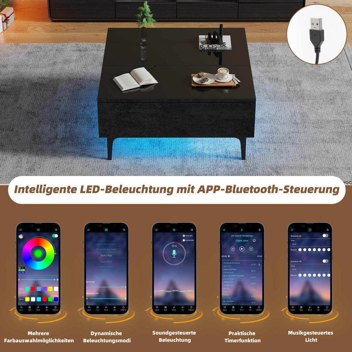 COUCHTISCH 70/70/35 cm schwarz mit höhenverstellbarer Tischplatte und Stauraum - Schwarz, Holzwerkstoff (70/70/35cm) - OKWISH