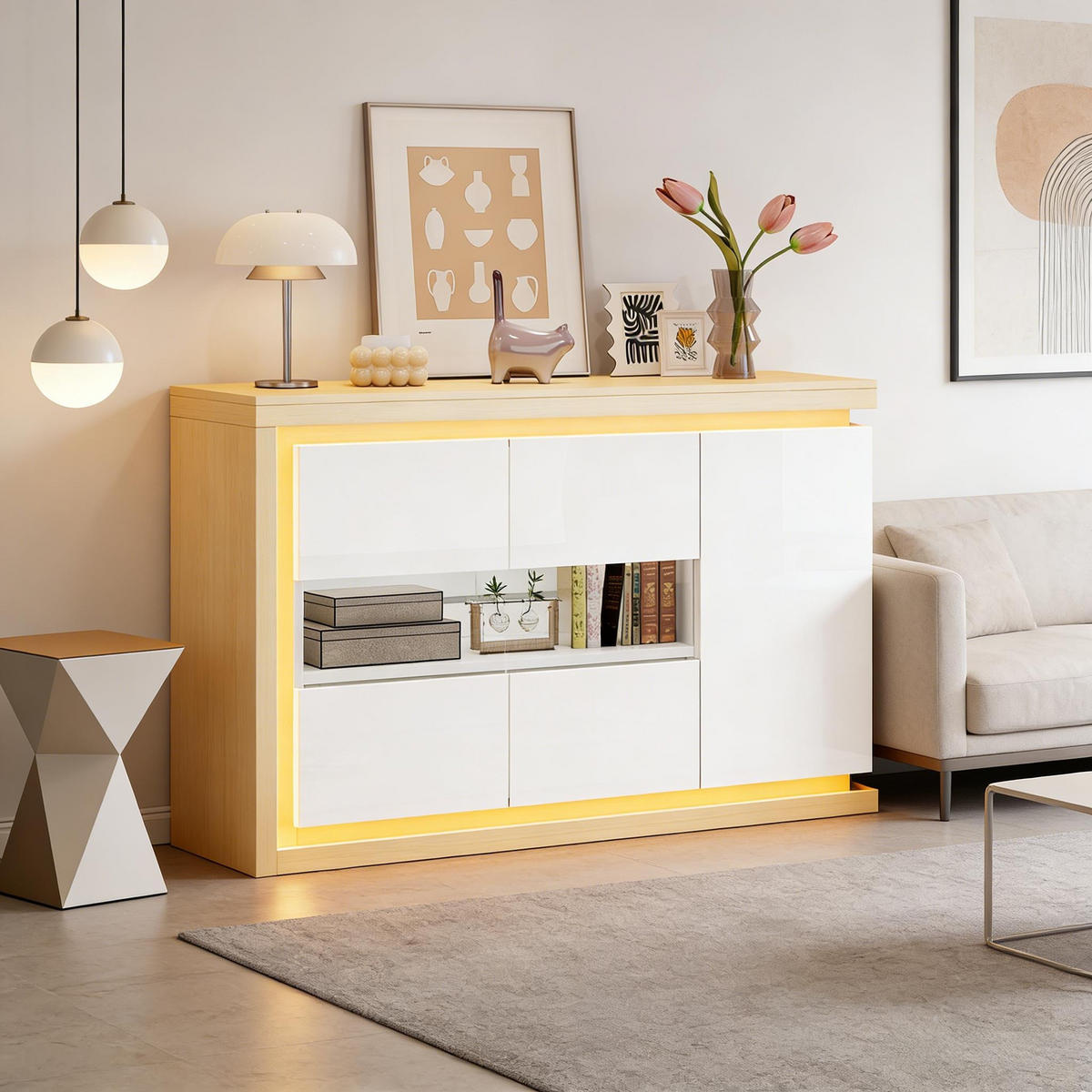 SIDEBOARD in Weiß Hochglanz-Wohnzimmerschrank mit verstellbarer Einlegeboden für Flur, Wohn-, Büros, B140/T40/TH84cm - Weiß/Naturfarben, Glas/Holzwerkstoff (140/84/40cm) - STILVORA