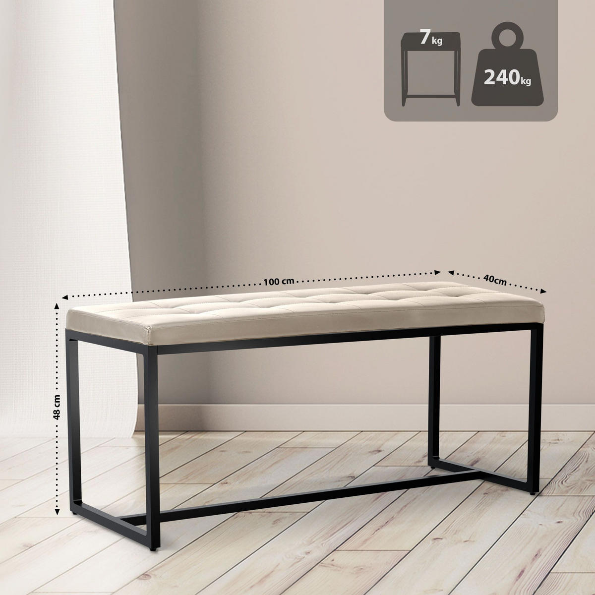 SITZBANK 100/40 cm Kunstleder creme - Creme/Schwarz, Textil/Metall (100/48/40cm) - CLP