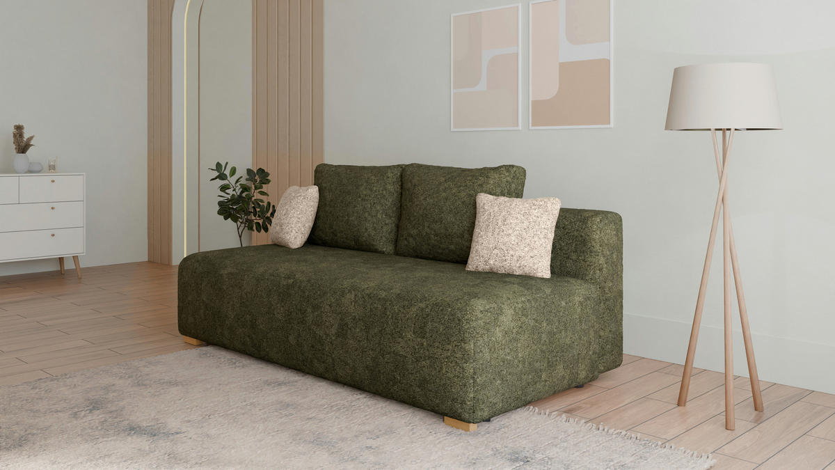 SCHLAFSOFA - Polstersofa aus Bouclé - Grün (Arena 12 + Arena 2 Kissen) - Beige/Grün, Holzwerkstoff (200/90/100cm) - Möblo