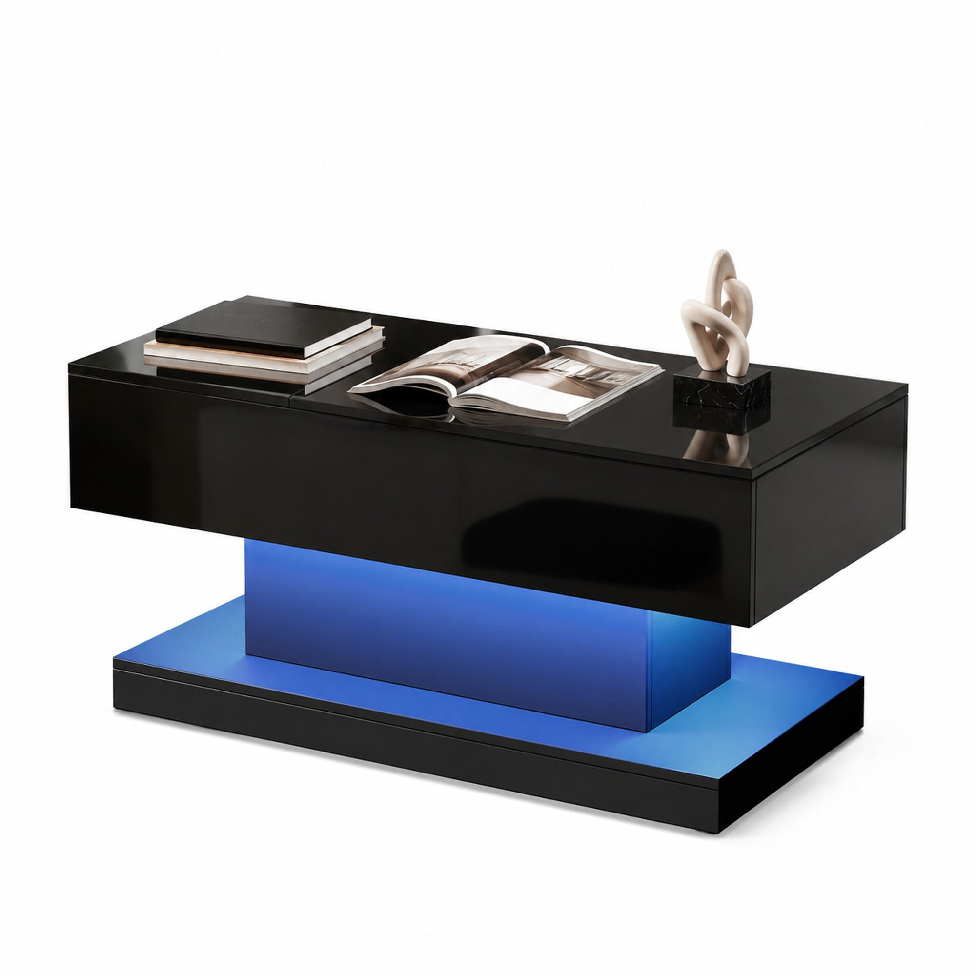 COUCHTISCH aus Spanplatte 100x50x45 cm Schwarz mit LED-Beleuchtung, hydraulischem Lift und Stauraum - Schwarz, Holzwerkstoff (100/50/45cm) - IVMEU