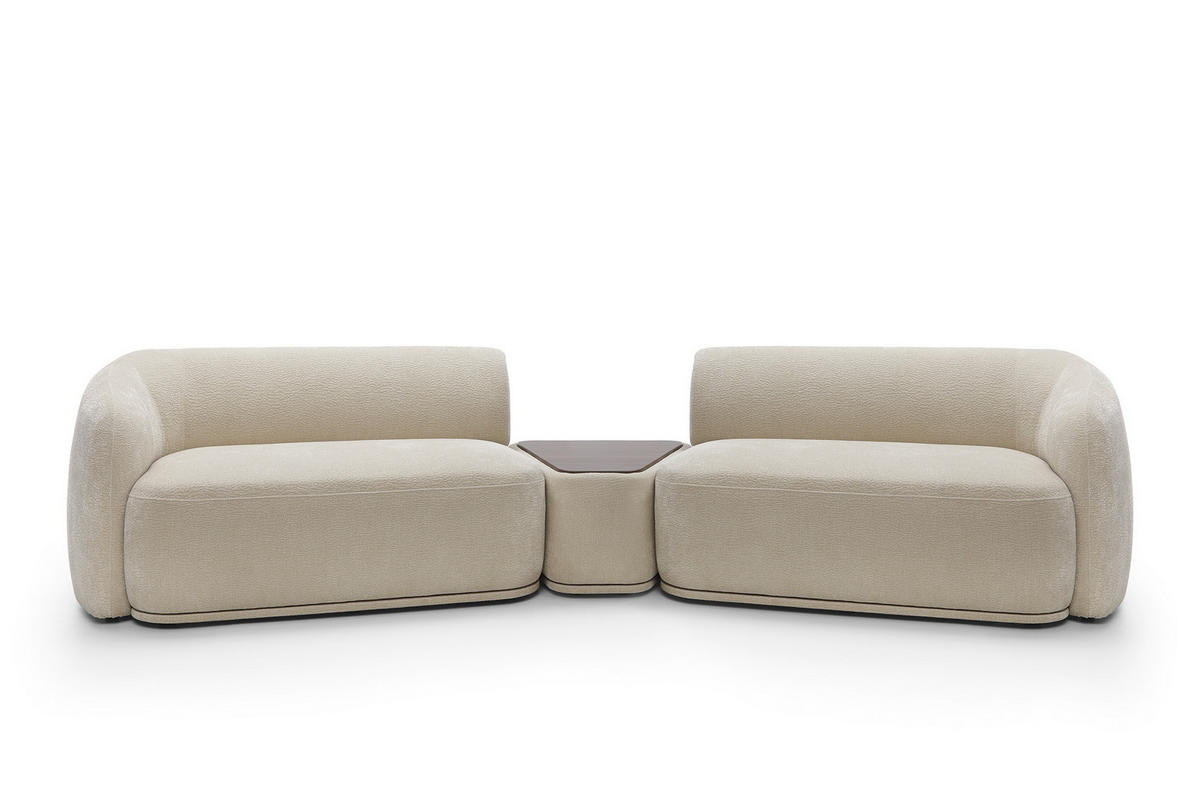 SOFA Nobis Beige, Modulares Sofa mit abgerundeten Seiten und Dreieckspouffe mit Tischplatte - Beige, Holzwerkstoff/Textil (357/75/97cm) - Bettso