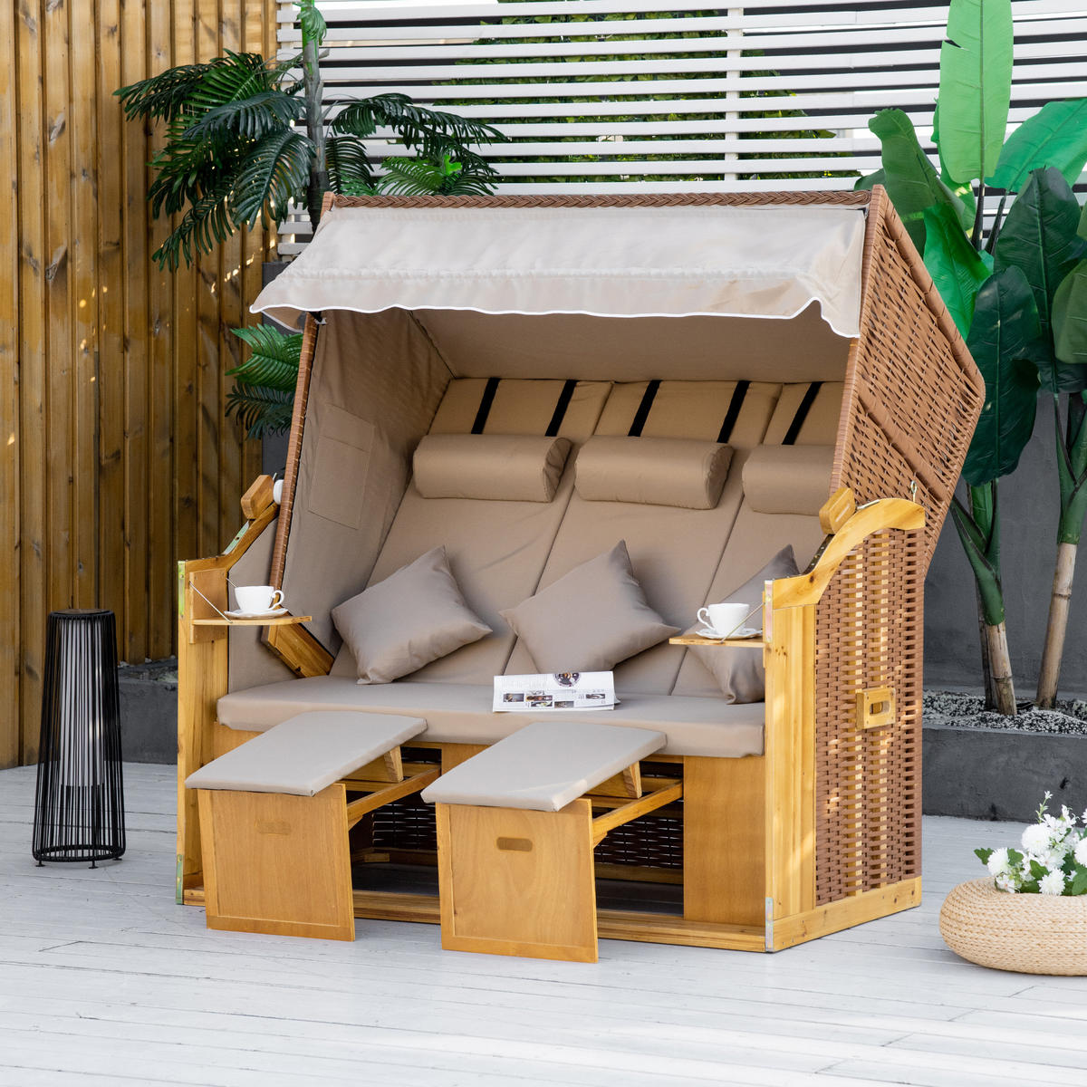 STRANDKORB 3-SITZER DE-06691 5-stufig verstellbar, mit Dach & Tischen Natur - Naturfarben, Holz/Kunststoff (150/160/79cm) - ComfortXL