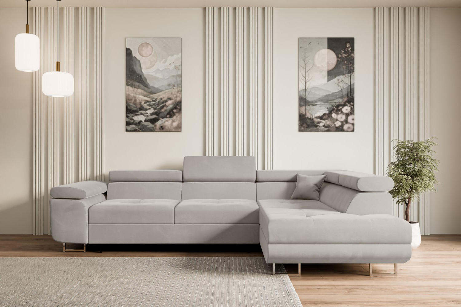 ECKSOFA mit Schlaffunktion und Bettkasten GUSA-L 272x202x107 cm Hellbraun Velours - Hellbraun/Silberfarben, Holzwerkstoff/Textil (272/202cm) - ALTDECOR