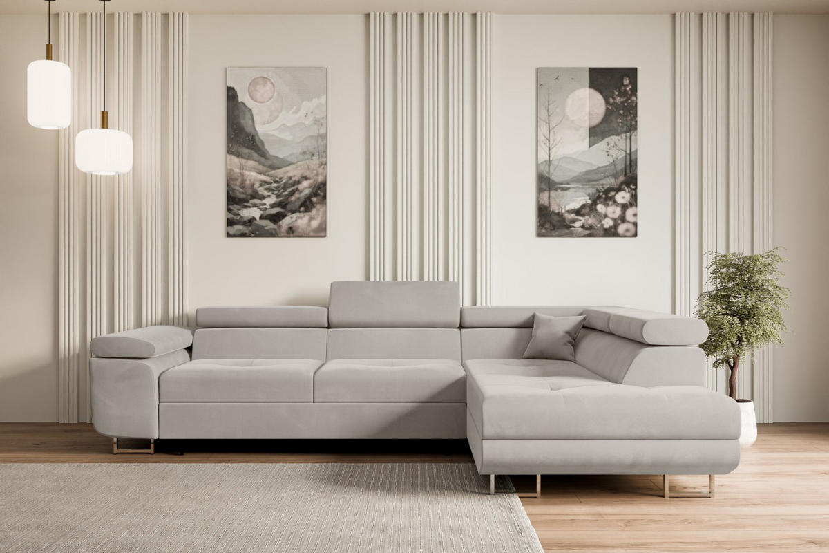 ECKSOFA mit Schlaffunktion und Bettkasten GUSA-L 272x202x107 cm Hellbraun Velours - Hellbraun/Silberfarben, Holzwerkstoff/Textil (272/202cm) - ALTDECOR