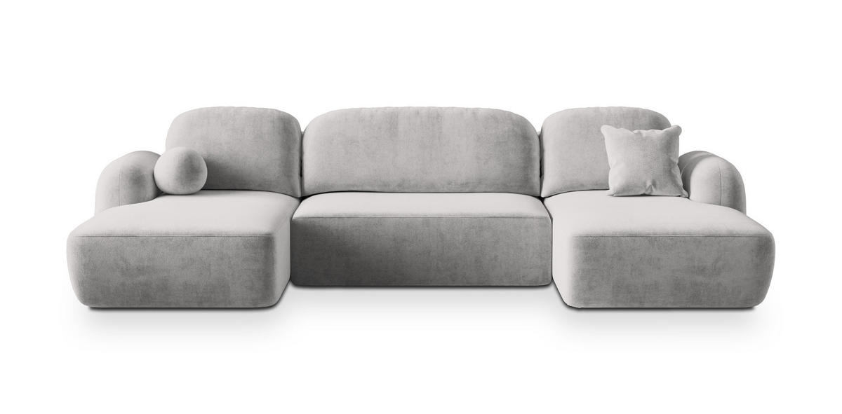 WOHNLANDSCHAFT SAVONA K Hellgrau Plüsch-Stoff mit Schlaffunktion - Hellgrau, Holz (320/90/148cm) - MASSENO