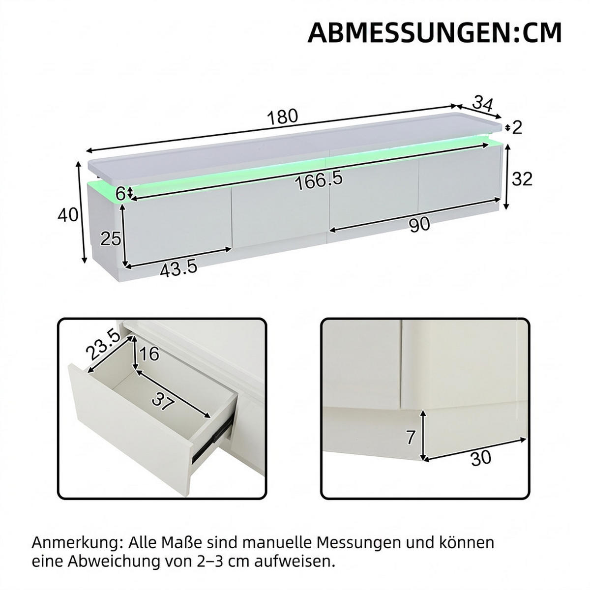 TV-SCHRANK 180/34/40 cm Weiß Hochglanz mit LED und 4 Schubladen - Weiß, Holzwerkstoff (180/40/34cm) - Oxeza