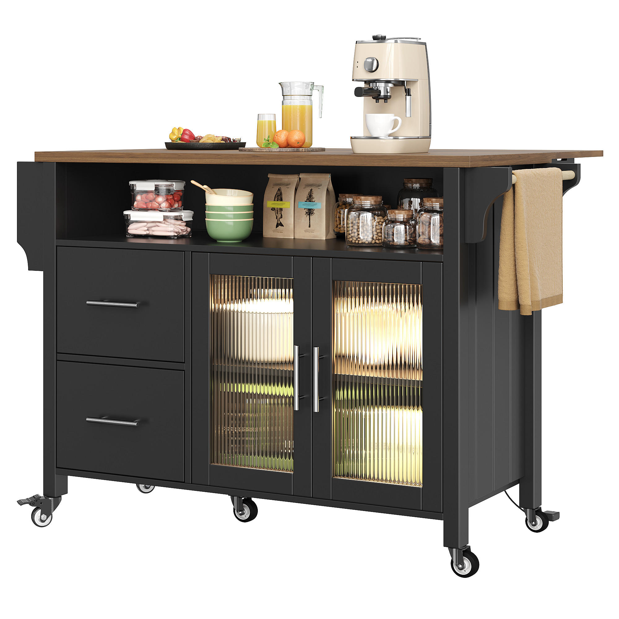 KÜCHENINSEL MIT ROLLEN Klappbare Arbeitsplatte Glasvitrine LED-Leuchten Schwarz 139/40/94 cm - Schwarz, Kunststoff (40/94.5/139cm) - Rolipo