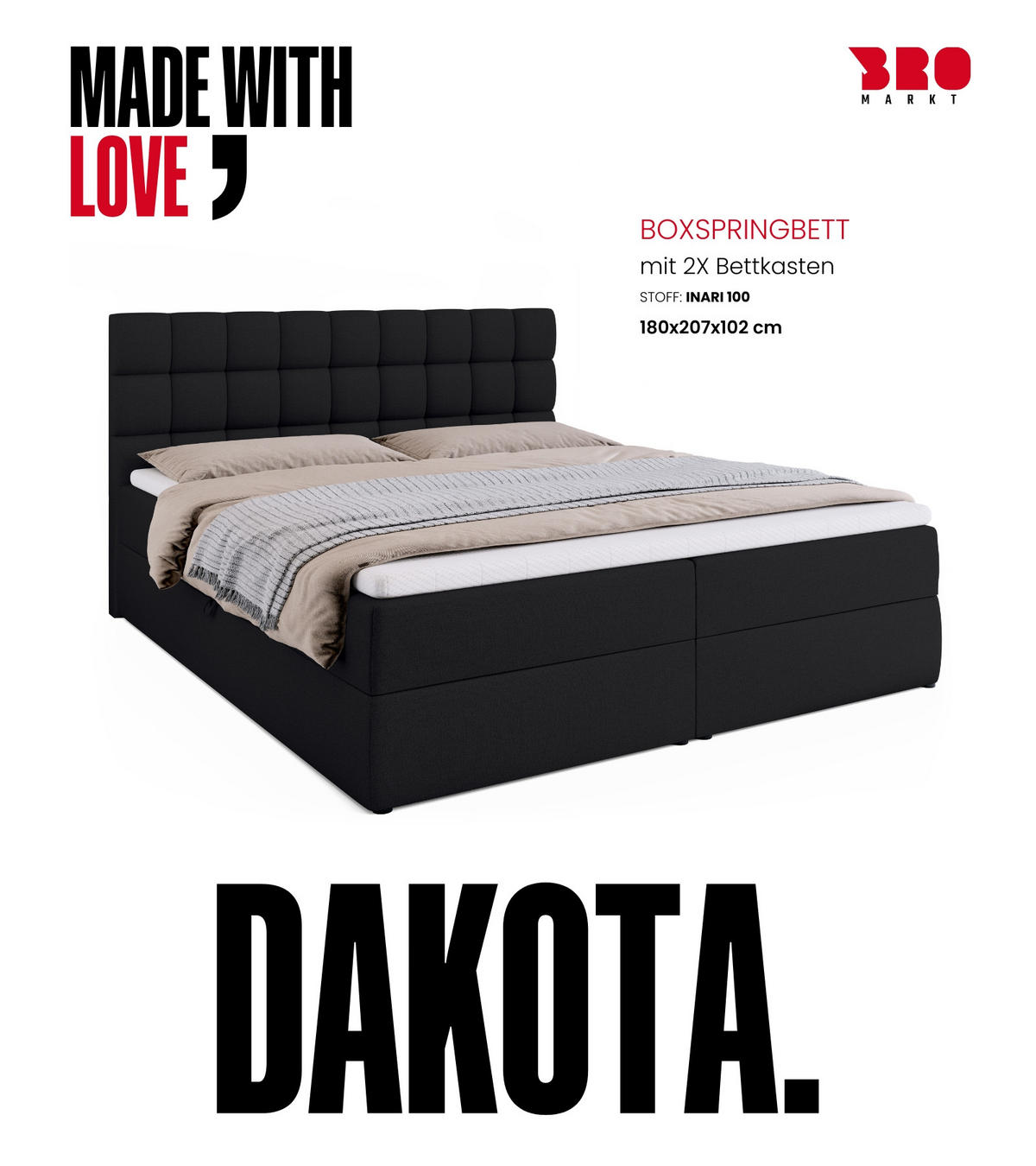 BOXBETT Dakota mit Topper 180/200 Schwarz - Schwarz, Textil (180/200cm) - Bromarkt