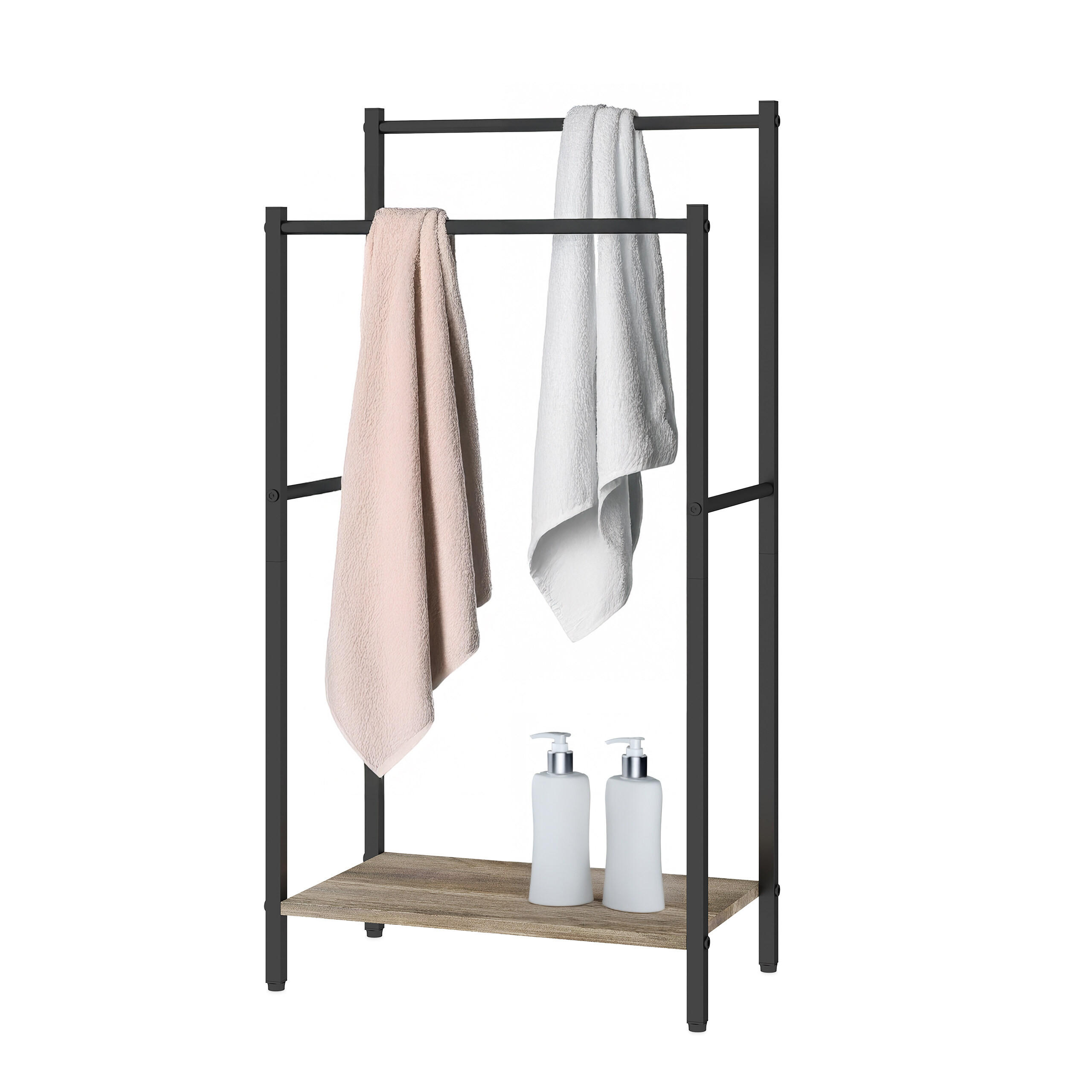 HANDDUKSSTÄLL Svart metall trälook med hylla 81.5/42/24 cm
