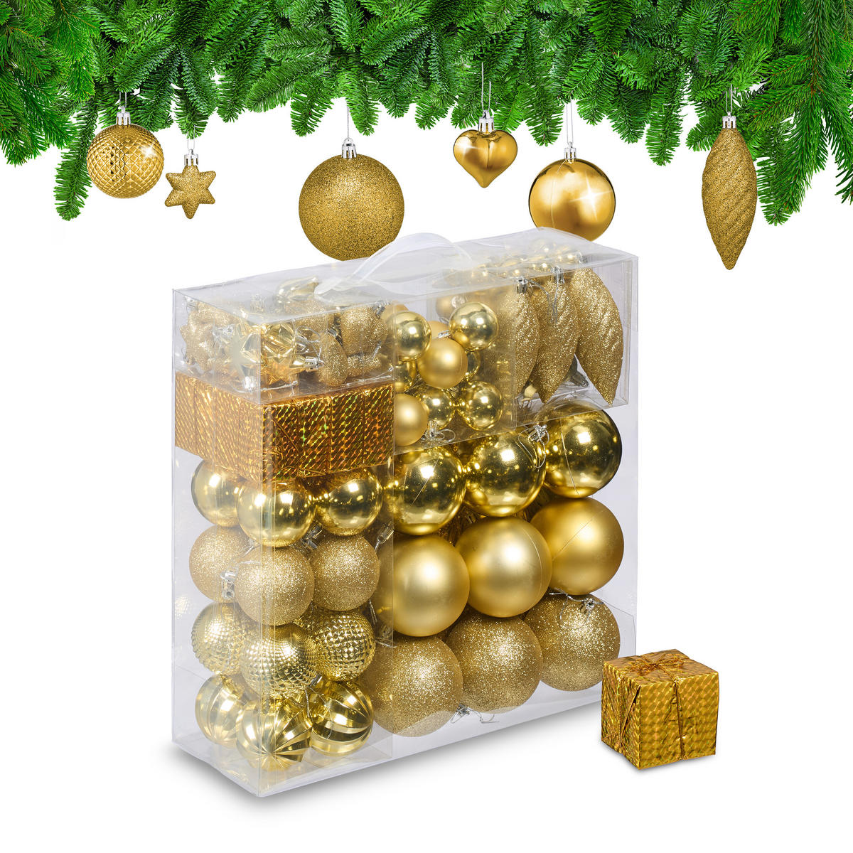 WEIHNACHTSKUGELN-SET 110-tlg. - Goldfarben, Kunststoff (8/9/8cm) - Relaxdays