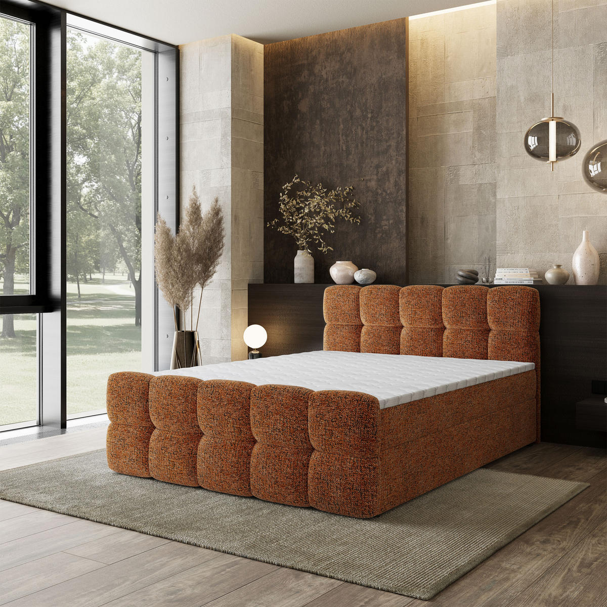 BOXBETT BRUME 180x200 cm mit Matratze und Topper, H2+H3 - Orange - Orange, Holz (180/200cm) - MASSENO