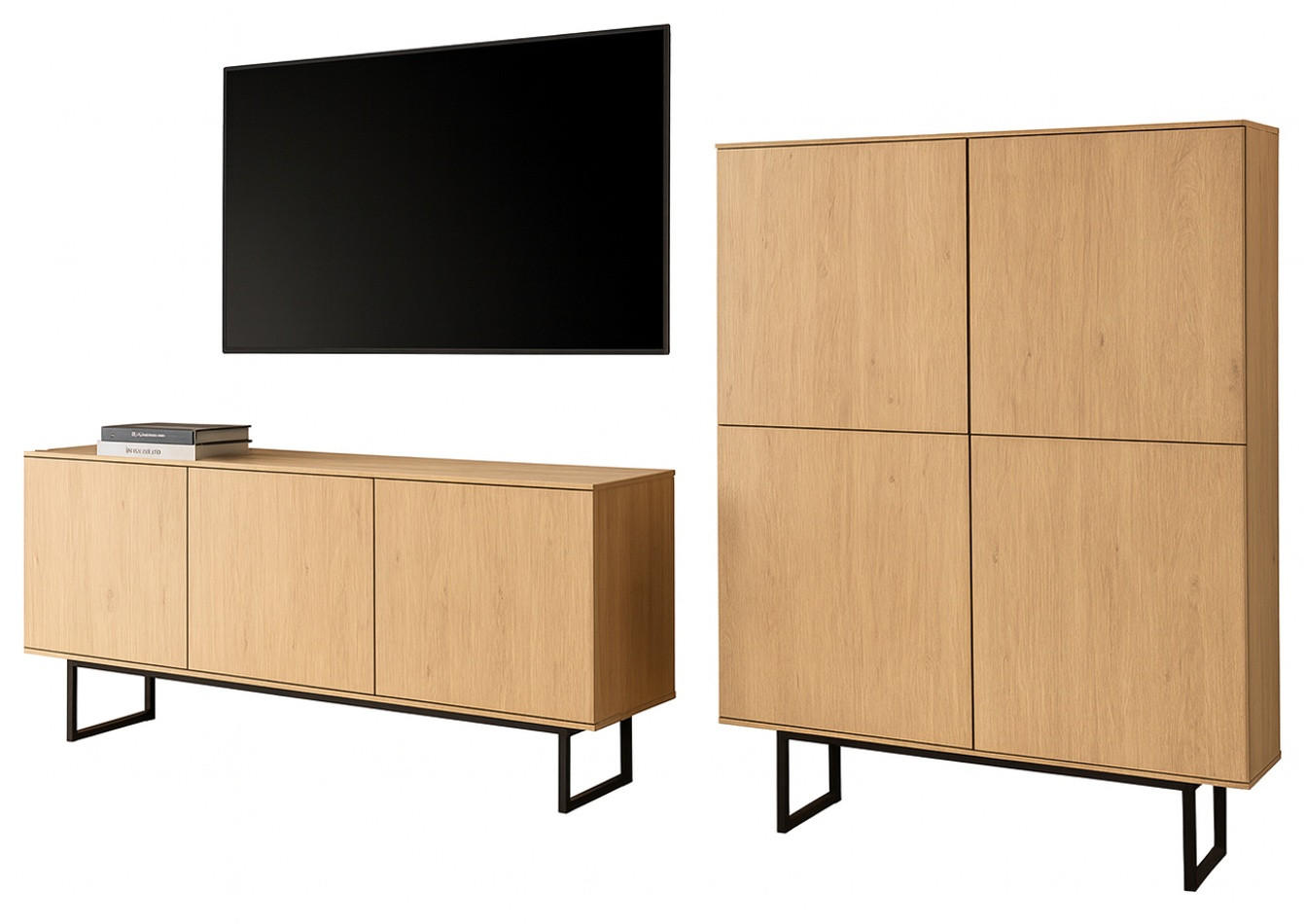 WOHNWAND Stone Eiche, Wohnkombination 2-teilig 280 cm, mit Push-to-Open - Eichefarben/Schwarz, Holzwerkstoff/Metall (280/137/40cm) - Furn.Design